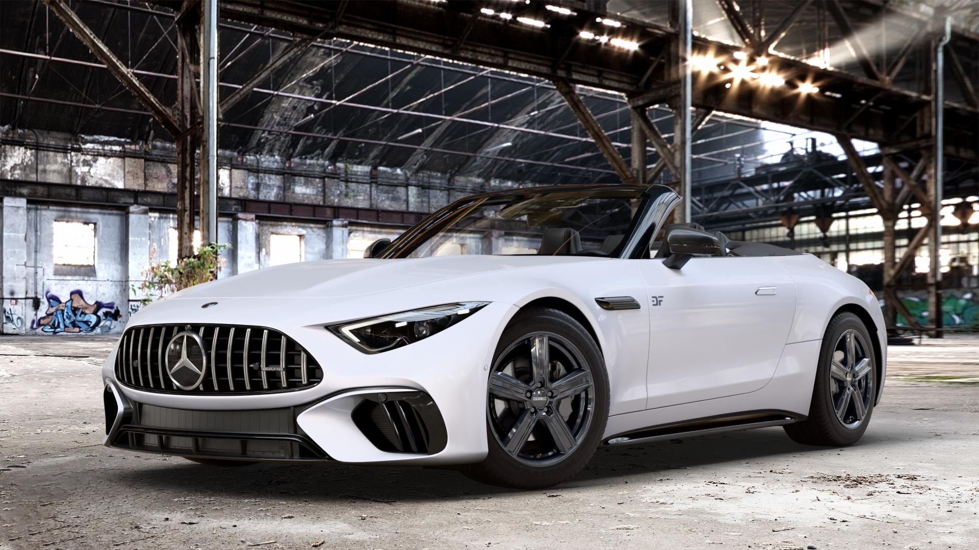 DEZENT KG Black Felge mit Reifen schwarz in 18Zoll Winterfelge Alufelge auf weissem Mercedes SL Typ R232 2,0l 43 280kW Mild-Hybrid (381 PS) 4,0l 55 4MATIC+ 350kW (476 63 430kW (585 ⬇️ mit 15mm Tieferlegung ⬇️ Old Industrial Hall_max_4400mm_2024 Frontansicht_1