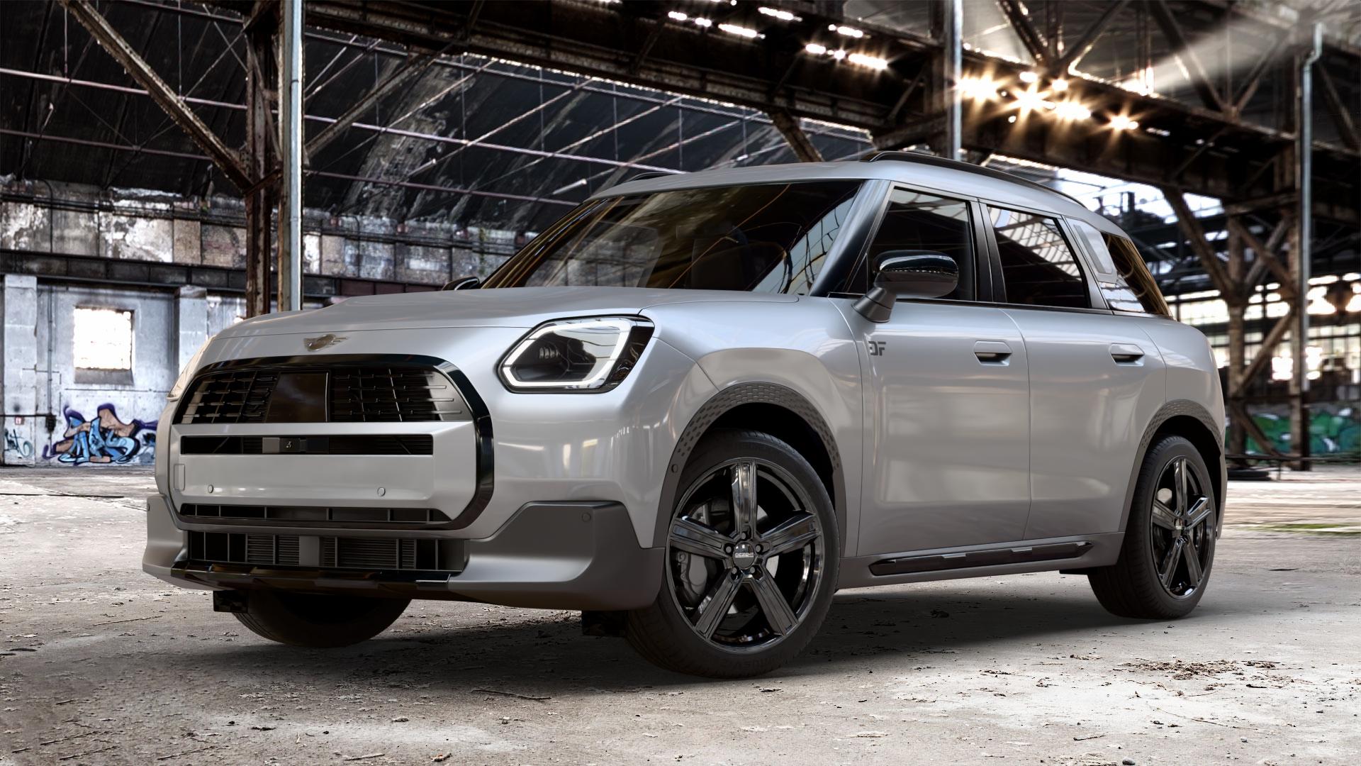 DEZENT KG BLACK Felge mit Reifen schwarz in 19Zoll Winterfelge Alufelge auf metallic silbernem Mini U25 Typ UMX (Countryman) 1,5l C 100kW Mild-Hybrid (136 PS) 115kW (156 2,0l JCW ALL4 221kW (300 D 110kW (150 0,0l E 68kW (92 S 150kW (204 SE 104kW ⬇️ mit 15mm Tieferlegung ⬇️ Old Industrial Hall_max_4400mm_2024 Frontansicht_1