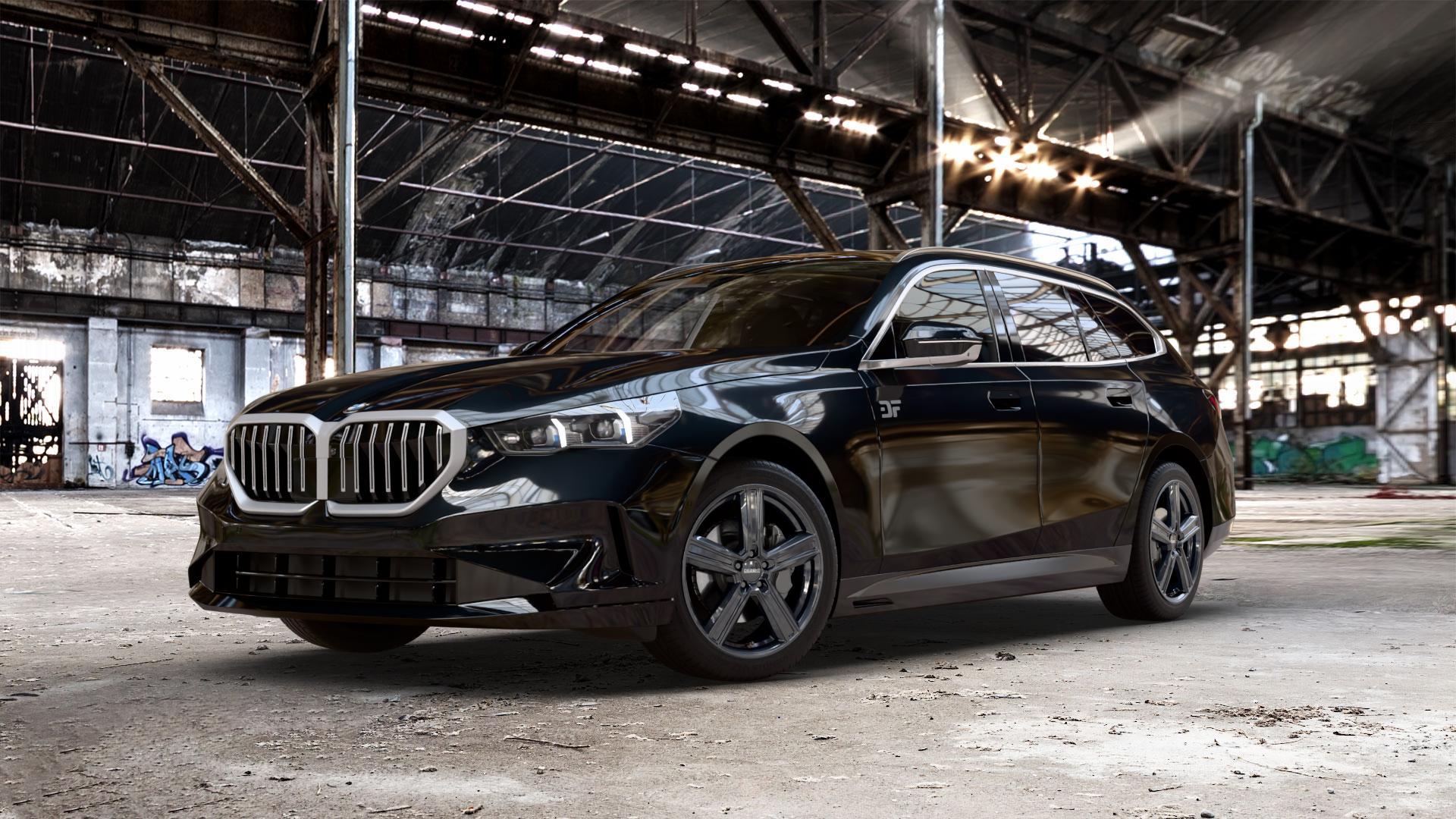 DEZENT KG BLACK Felge mit Reifen schwarz in 19Zoll Winterfelge Alufelge auf schwarzem metallic BMW 520d Typ G61 (Touring) xDrive 5er Touring (G6K) ⬇️ mit 15mm Tieferlegung ⬇️ Old Industrial Hall_max_5300mm_2024 Frontansicht_1