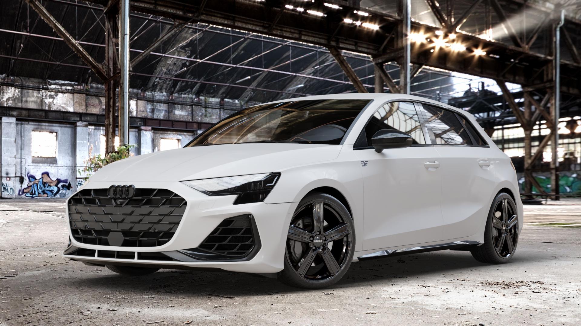 DEZENT KG BLACK Felge mit Reifen schwarz in 19Zoll Winterfelge Alufelge auf weissem Audi A3 Typ GY (Sportback) Facelift 2,0l TFSI quattro 245kW S3 (333 PS) ⬇️ mit 15mm Tieferlegung ⬇️ Old Industrial Hall_max_4400mm_2024 Frontansicht_1