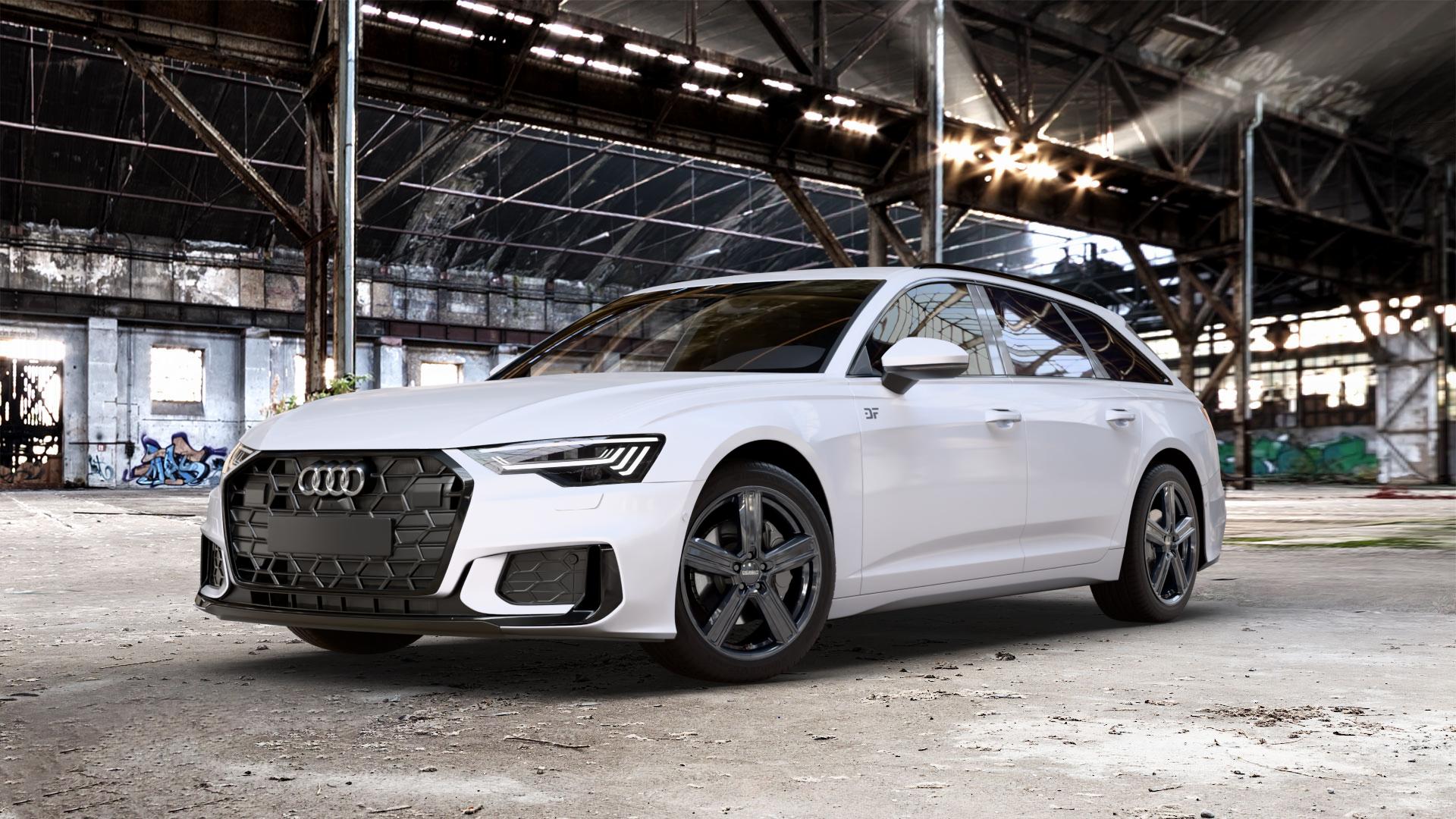 DEZENT KG BLACK Felge mit Reifen schwarz in 19Zoll Winterfelge Alufelge auf weissem Audi A6 Typ F2/C8 (Avant) Facelift 2,0l 35 TDI 120kW Mild-Hybrid (163 PS) 40 150kW (204 quattro TFSI 3,0l 45 180kW (245 195kW (265 50 210kW (286 e Hybrid 55 250k ⬇️ mit 15mm Tieferlegung ⬇️ Old Industrial Hall_max_5300mm_2024 Frontansicht_1