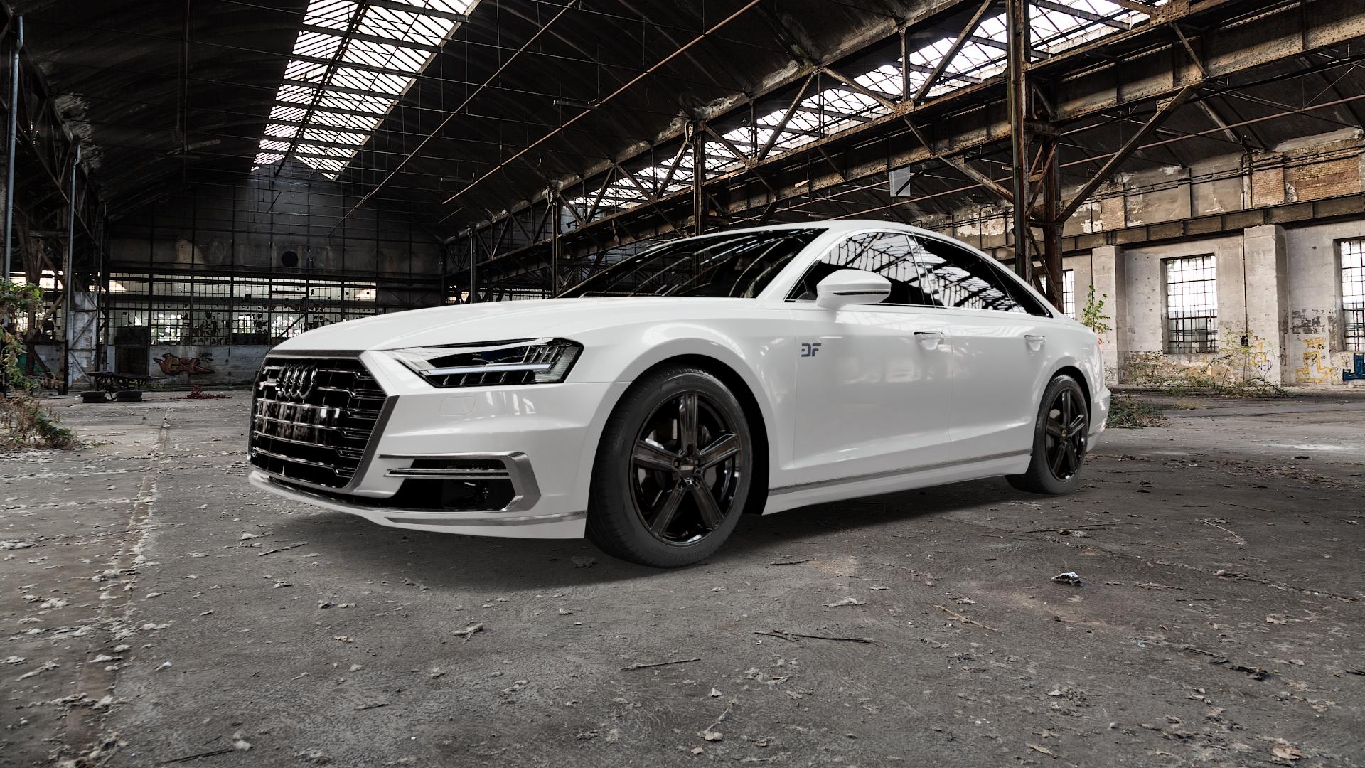 DEZENT KG BLACK Felge mit Reifen schwarz in 19Zoll Winterfelge Alufelge auf weissem Audi A8 Typ D5/F8 3,0l 60 TFSI e quattro 250kW Hybrid (340 PS) 55 Mild-Hybrid 4,0l 338kW (460 S8 420kW (571 50 TDI 210kW (286 320kW (435 Facelift ⬇️ mit 15mm Tieferlegung ⬇️ Old Industrial Hall_max5000mm_2022 Frontansicht_1