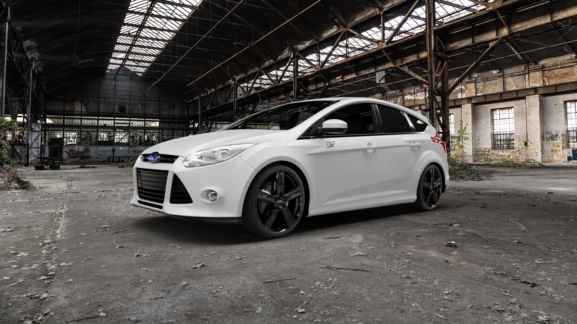 DEZENT KG BLACK Felge mit Reifen schwarz in 19Zoll Winterfelge Alufelge auf weissem Ford Focus III Typ DYB (Schrägheck) (Stufenheck) Facelift ⬇️ mit 15mm Tieferlegung ⬇️ Old Industrial Hall_max5000mm_2022 Frontansicht_1