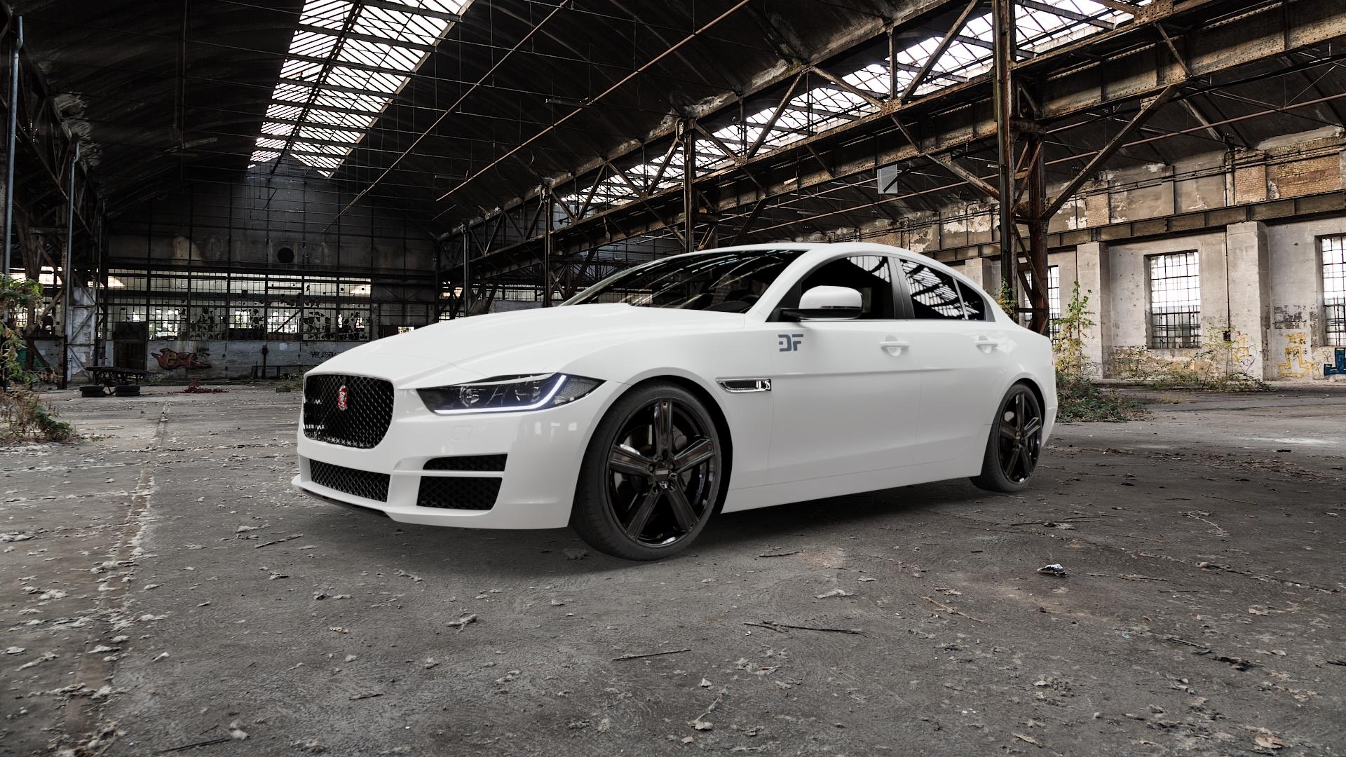 DEZENT KG BLACK Felge mit Reifen schwarz in 19Zoll Winterfelge Alufelge auf weissem Jaguar XE Typ JA ⬇️ mit 15mm Tieferlegung ⬇️ Old Industrial Hall_max5000mm_2022 Frontansicht_1