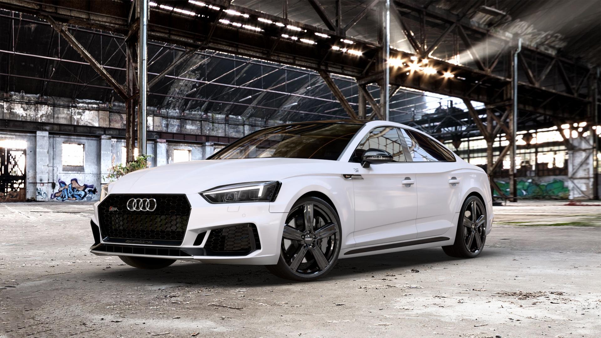 DEZENT KG BLACK Felge mit Reifen schwarz in 20Zoll Winterfelge Alufelge auf weissem Audi A5 Typ B9 (Sportback) 3,0l S5 TFSI quattro 260kW (354 PS) 2,9l RS5 331kW (450 TDI 255kW Mild-Hybrid (347 ⬇️ mit 15mm Tieferlegung ⬇️ Old Industrial Hall_max_5300mm_2024 Frontansicht_1