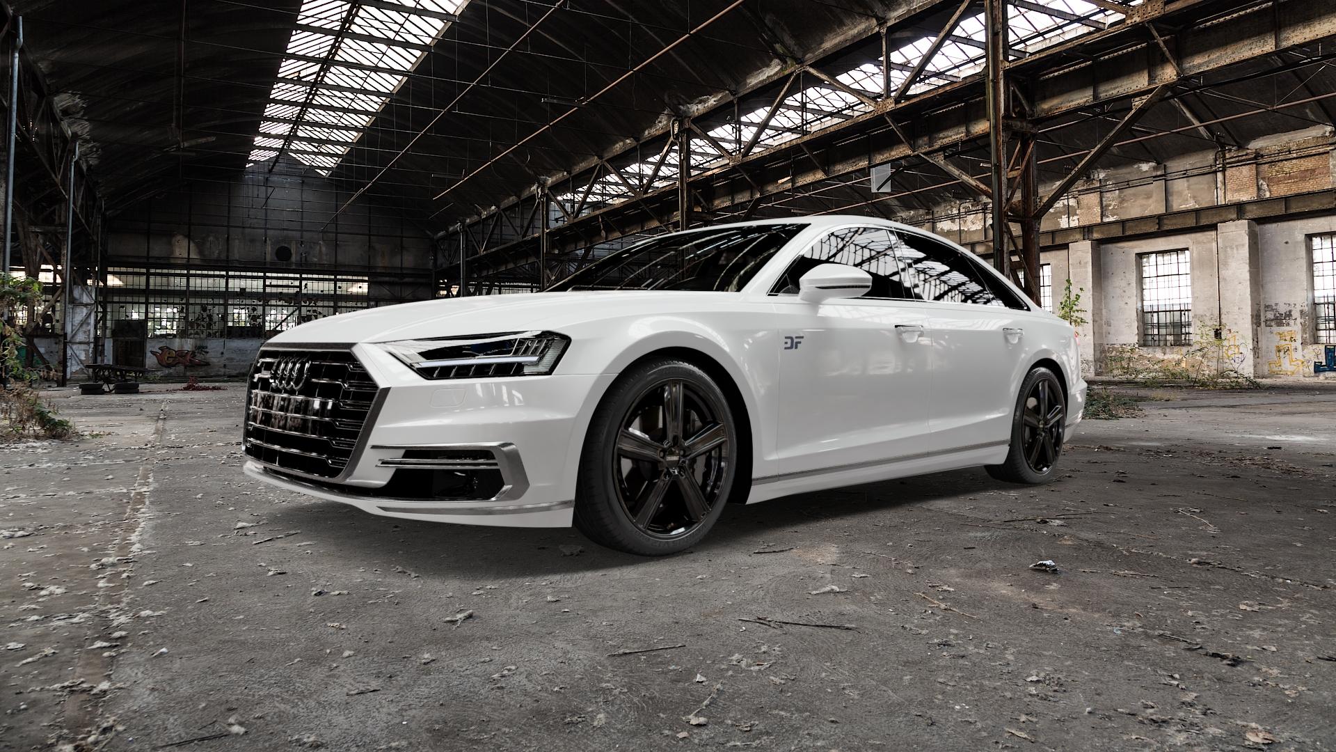DEZENT KG BLACK Felge mit Reifen schwarz in 20Zoll Winterfelge Alufelge auf weissem Audi A8 Typ D5/F8 3,0l 60 TFSI e quattro 250kW Hybrid (340 PS) 55 Mild-Hybrid 4,0l 338kW (460 S8 420kW (571 50 TDI 210kW (286 320kW (435 Facelift ⬇️ mit 15mm Tieferlegung ⬇️ Old Industrial Hall_max5000mm_2022 Frontansicht_1