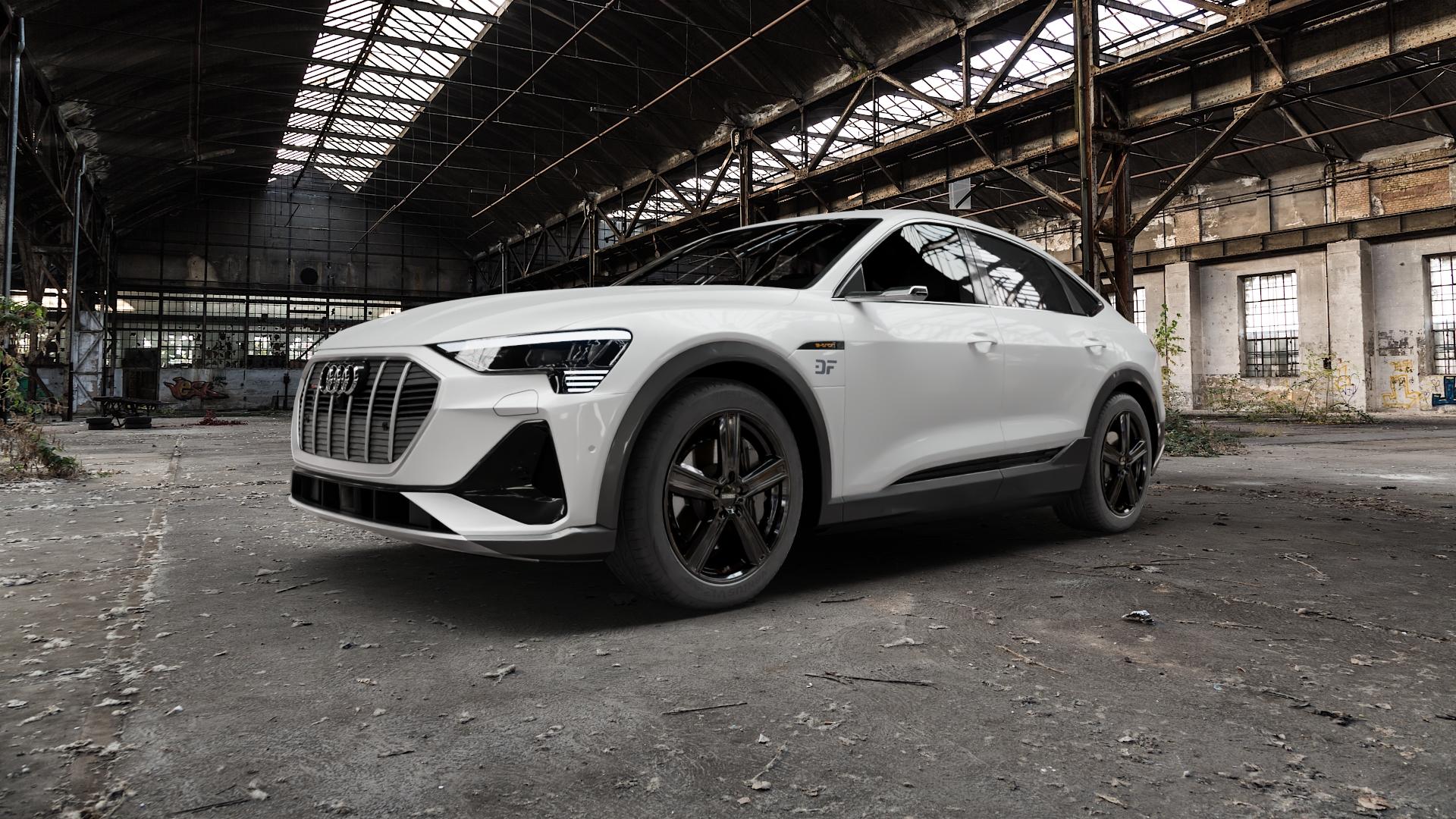 DEZENT KG BLACK Felge mit Reifen schwarz in 20Zoll Winterfelge Alufelge auf weissem Audi E-Tron S Sportback Typ GE ⬇️ mit 15mm Tieferlegung ⬇️ Old Industrial Hall_max5000mm_2022 Frontansicht_1