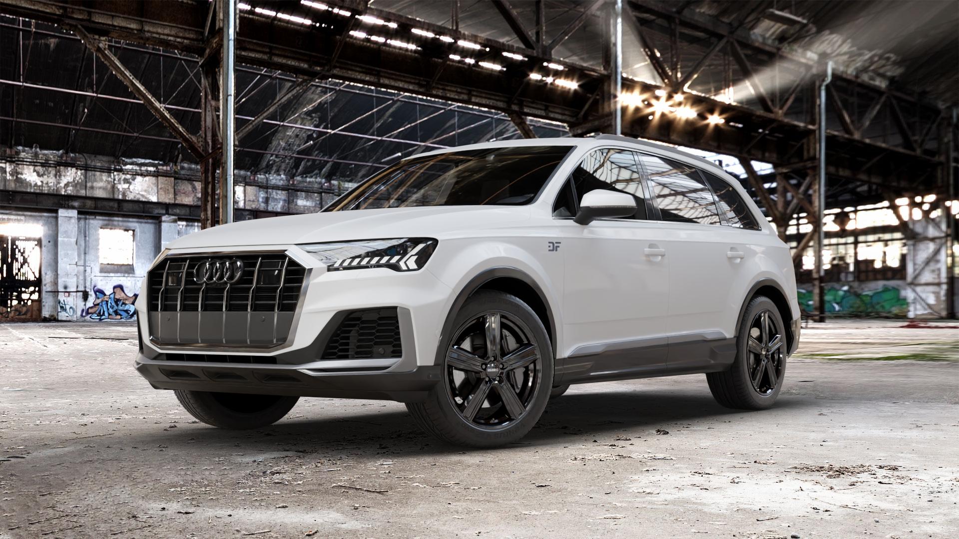 DEZENT KG BLACK Felge mit Reifen schwarz in 20Zoll Winterfelge Alufelge auf weissem Audi Q7 II Typ 4M (4L) Facelift 19-> ⬇️ mit 15mm Tieferlegung ⬇️ Old Industrial Hall_max_5300mm_2024 Frontansicht_1