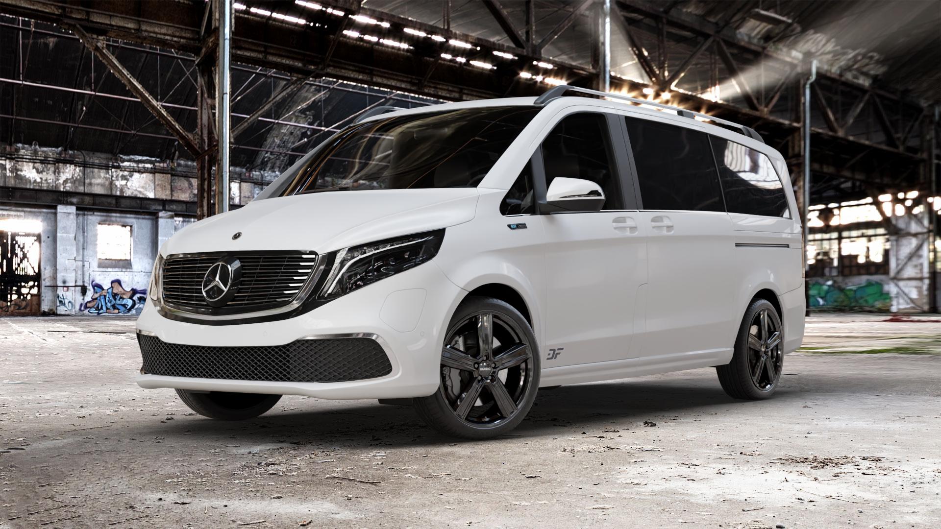 DEZENT KG BLACK Felge mit Reifen schwarz in 20Zoll Winterfelge Alufelge auf weissem Mercedes EQV Typ 639/2 ⬇️ mit 15mm Tieferlegung ⬇️ Old Industrial Hall_max_5300mm_2024 Frontansicht_1
