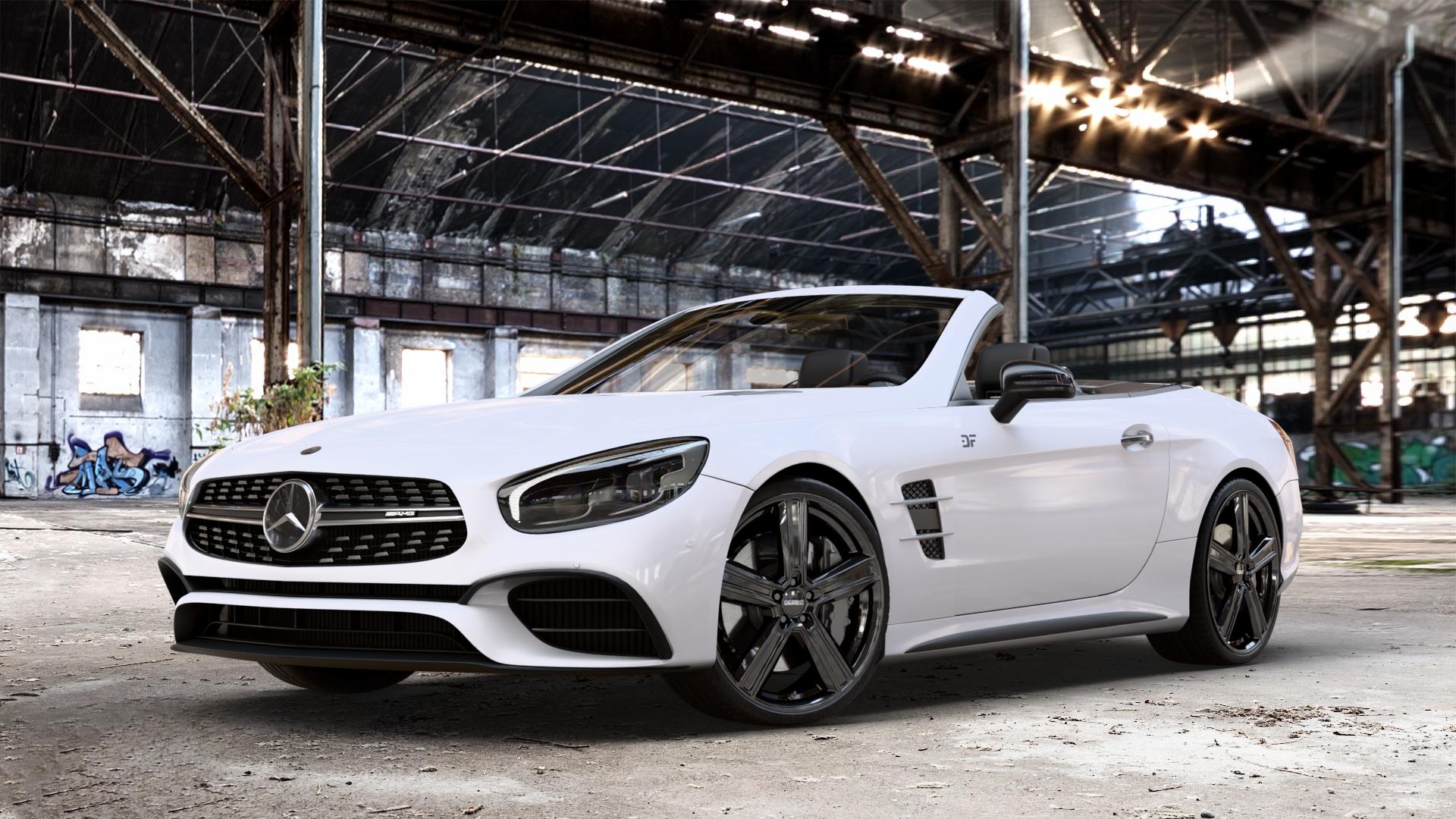 DEZENT KG BLACK Felge mit Reifen schwarz in 20Zoll Winterfelge Alufelge auf weissem Mercedes SL Typ R231 Facelift 5,5l 63 AMG 430kW (585 PS) 6,0l 65 463kW (630 420kW (571 ⬇️ mit 15mm Tieferlegung ⬇️ Old Industrial Hall_max_4400mm_2024 Frontansicht_1