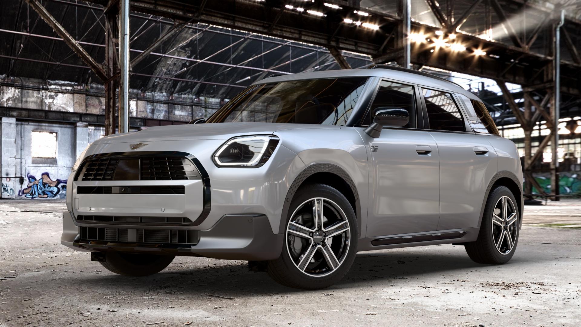 DEZENT KG BLACK/POLISHED Felge mit Reifen silber schwarz in 18Zoll Winterfelge Alufelge auf metallic silbernem Mini U25 Typ UMX (Countryman) 1,5l C 100kW Mild-Hybrid (136 PS) 115kW (156 2,0l JCW ALL4 221kW (300 D 110kW (150 0,0l E 68kW (92 S 150kW (204 SE 104kW ⬇️ mit 15mm Tieferlegung ⬇️ Old Industrial Hall_max_4400mm_2024 Frontansicht_1