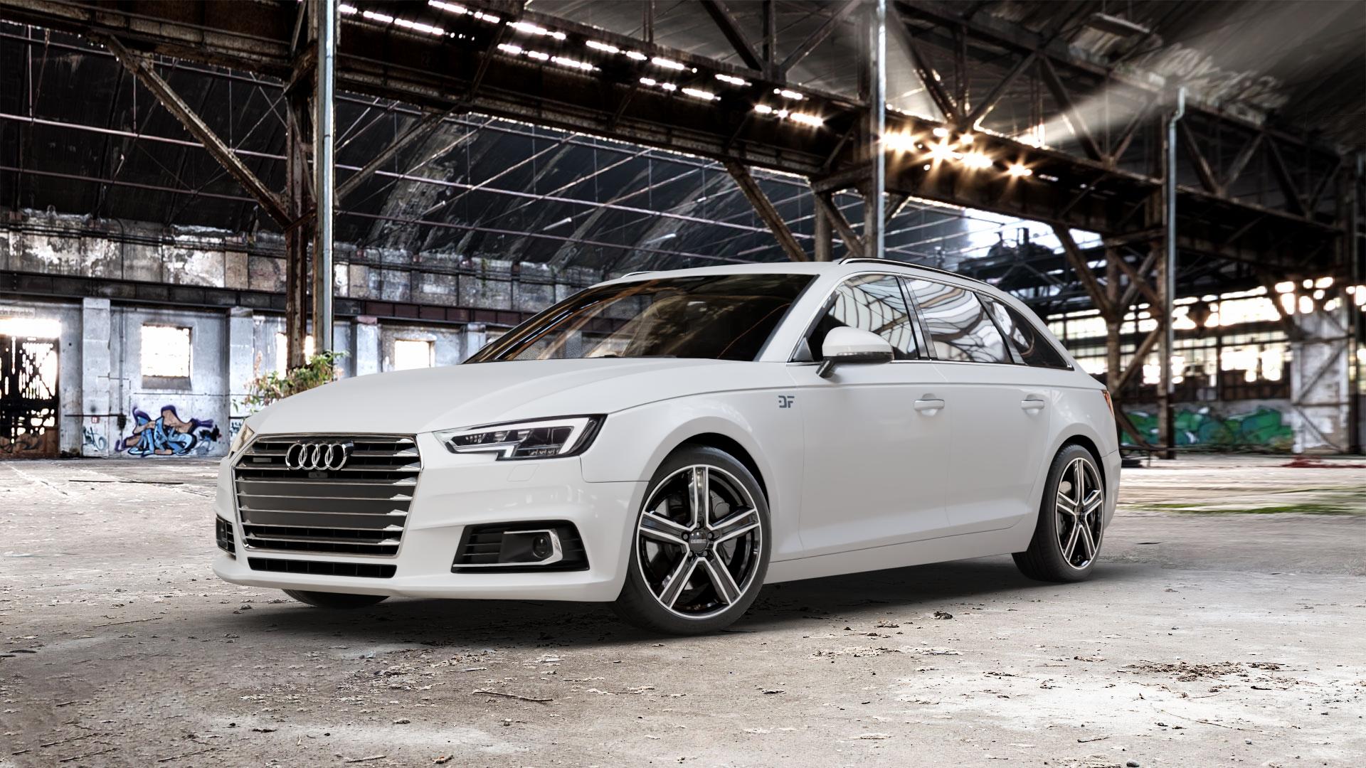 DEZENT KG BLACK/POLISHED Felge mit Reifen silber schwarz in 18Zoll Winterfelge Alufelge auf weissem Audi A4 Typ B9 (Avant) ⬇️ mit 15mm Tieferlegung ⬇️ Old Industrial Hall_max_5300mm_2024 Frontansicht_1
