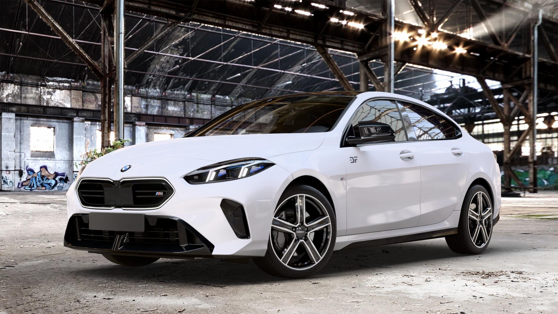 DEZENT KG BLACK/POLISHED Felge mit Reifen silber schwarz in 18Zoll Winterfelge Alufelge auf weissem BMW M235 xDrive Typ F74 (Gran Coupe) 2,0l 221kW (300 PS) 2er Gran Coupe (F7) ⬇️ mit 15mm Tieferlegung ⬇️ Old Industrial Hall_max_4400mm_2024 Frontansicht_1