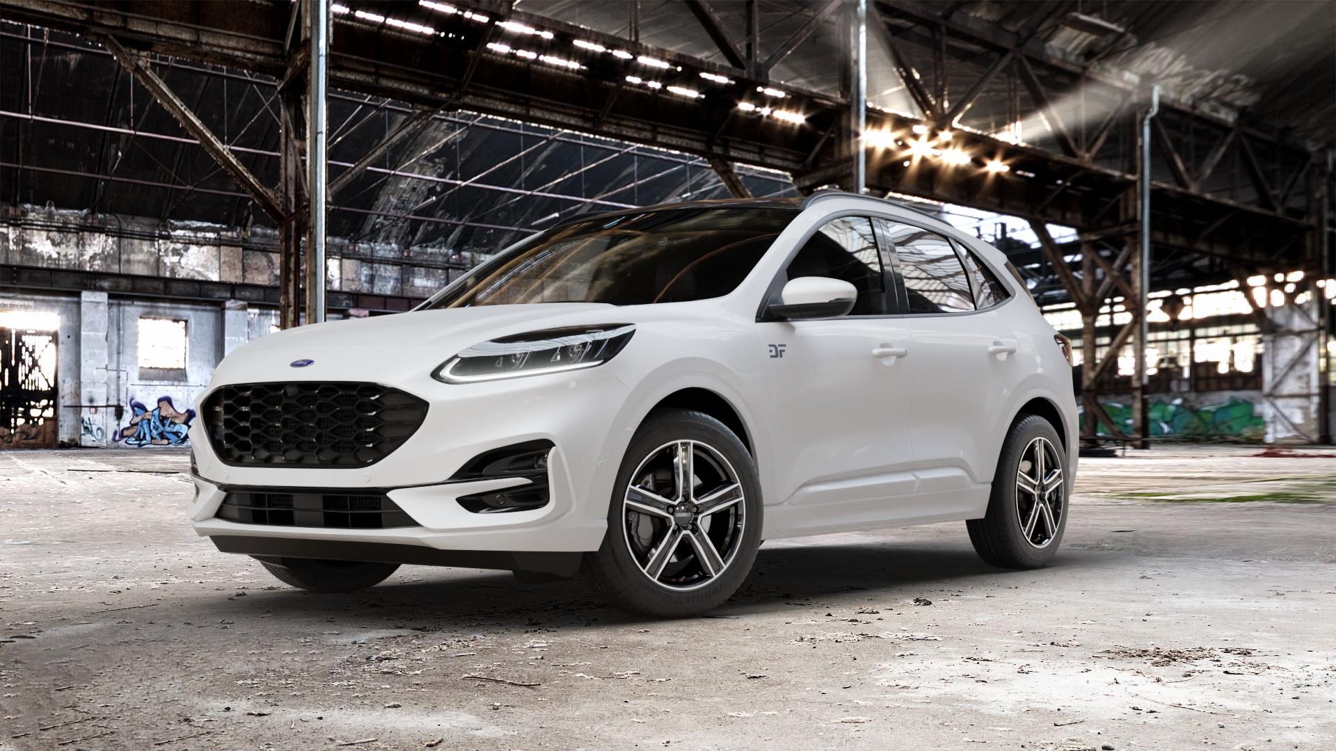 DEZENT KG BLACK/POLISHED Felge mit Reifen silber schwarz in 18Zoll Winterfelge Alufelge auf weissem Ford Kuga III Typ DFK ⬇️ mit 15mm Tieferlegung ⬇️ Old Industrial Hall_max_5300mm_2024 Frontansicht_1