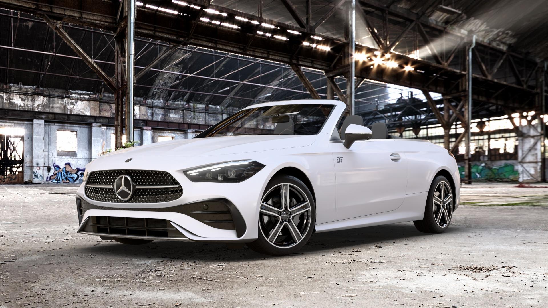 DEZENT KG BLACK/POLISHED Felge mit Reifen silber schwarz in 19Zoll Winterfelge Alufelge auf weissem Mercedes CLE Typ C236 Cabrio 2,0l 180 125kW Mild-Hybrid (170 PS) 200 150kW (204 4Matic 220d 145kW (197 300 190kW (258 3,0l 450 280kW (381 AMG 53 330kW (449 ⬇️ mit 15mm Tieferlegung ⬇️ Old Industrial Hall_max_5300mm_2024 Frontansicht_1