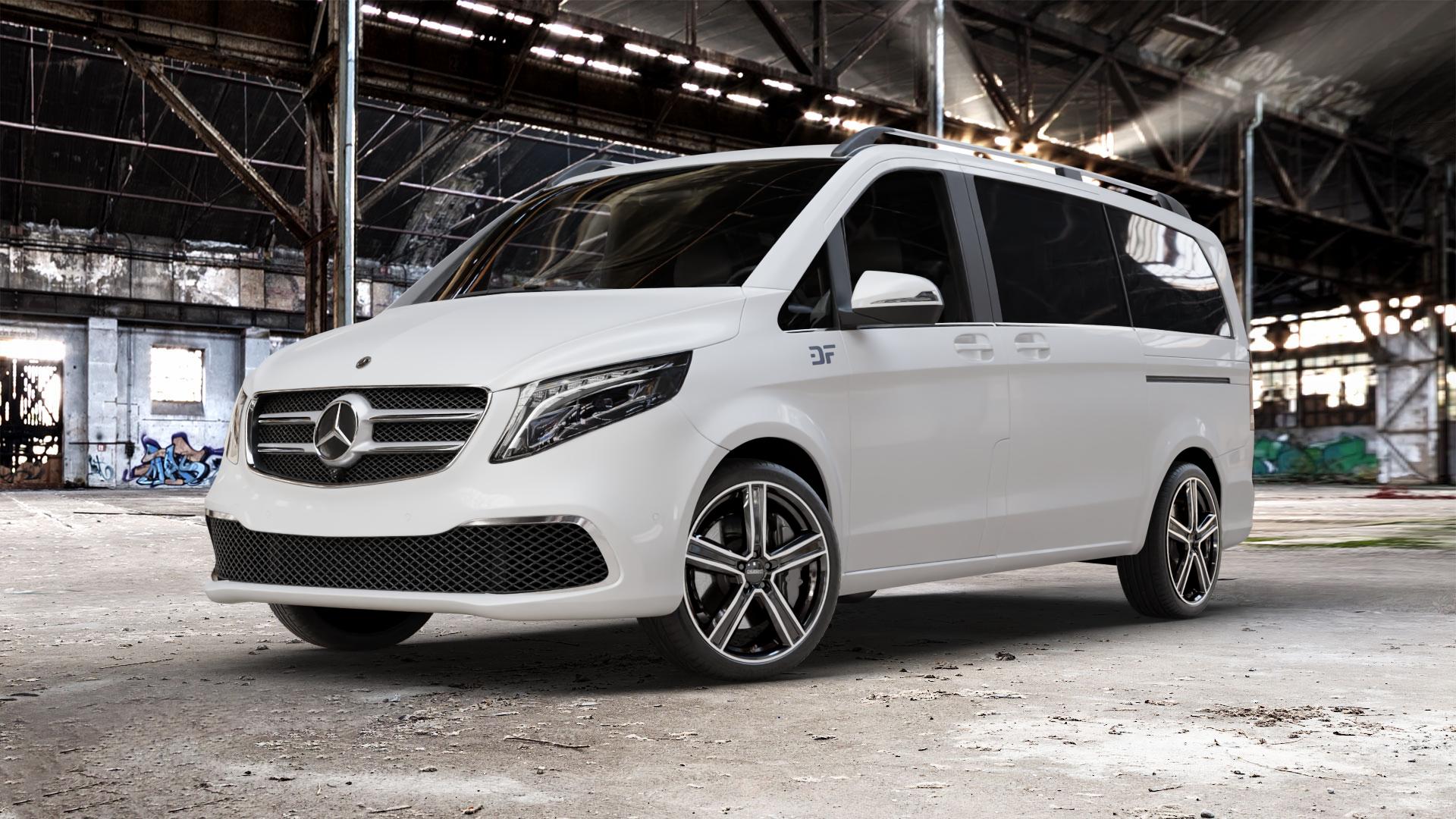 DEZENT KG BLACK/POLISHED Felge mit Reifen silber schwarz in 20Zoll Winterfelge Alufelge auf weissem Mercedes V-Klasse Typ W447 Facelift Marco Polo Vito Tourer ⬇️ mit 15mm Tieferlegung ⬇️ Old Industrial Hall_max_5300mm_2024 Frontansicht_1