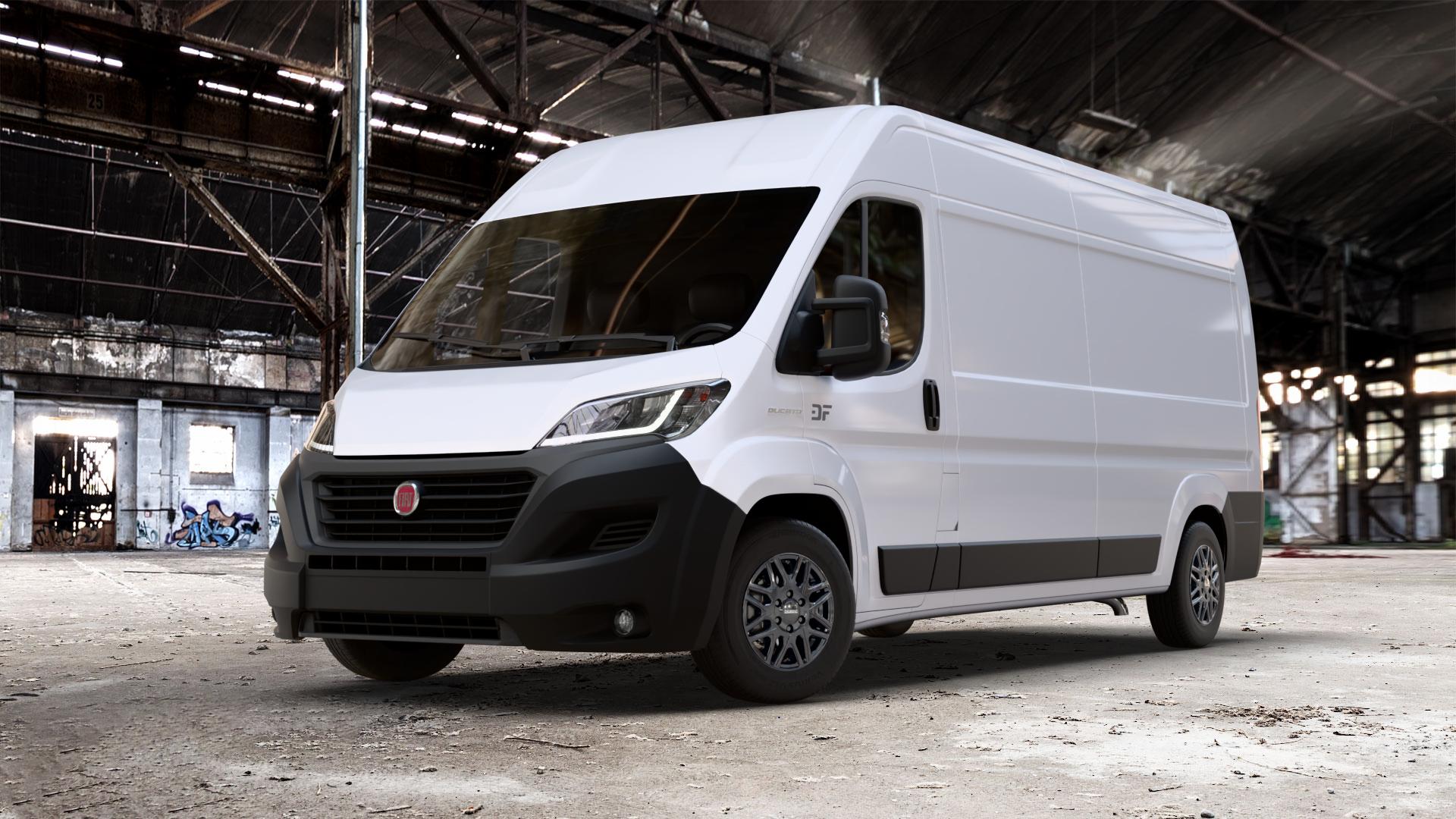 DEZENT KH Black Felge mit Reifen schwarz in 16Zoll Winterfelge Alufelge auf weissem Fiat Ducato Kasten Typ 250 Facelift 0,0l 58kW e-Ducato (79 PS) ⬇️ mit 15mm Tieferlegung ⬇️ Old Industrial Hall_max_7000mm_2024 Frontansicht_1