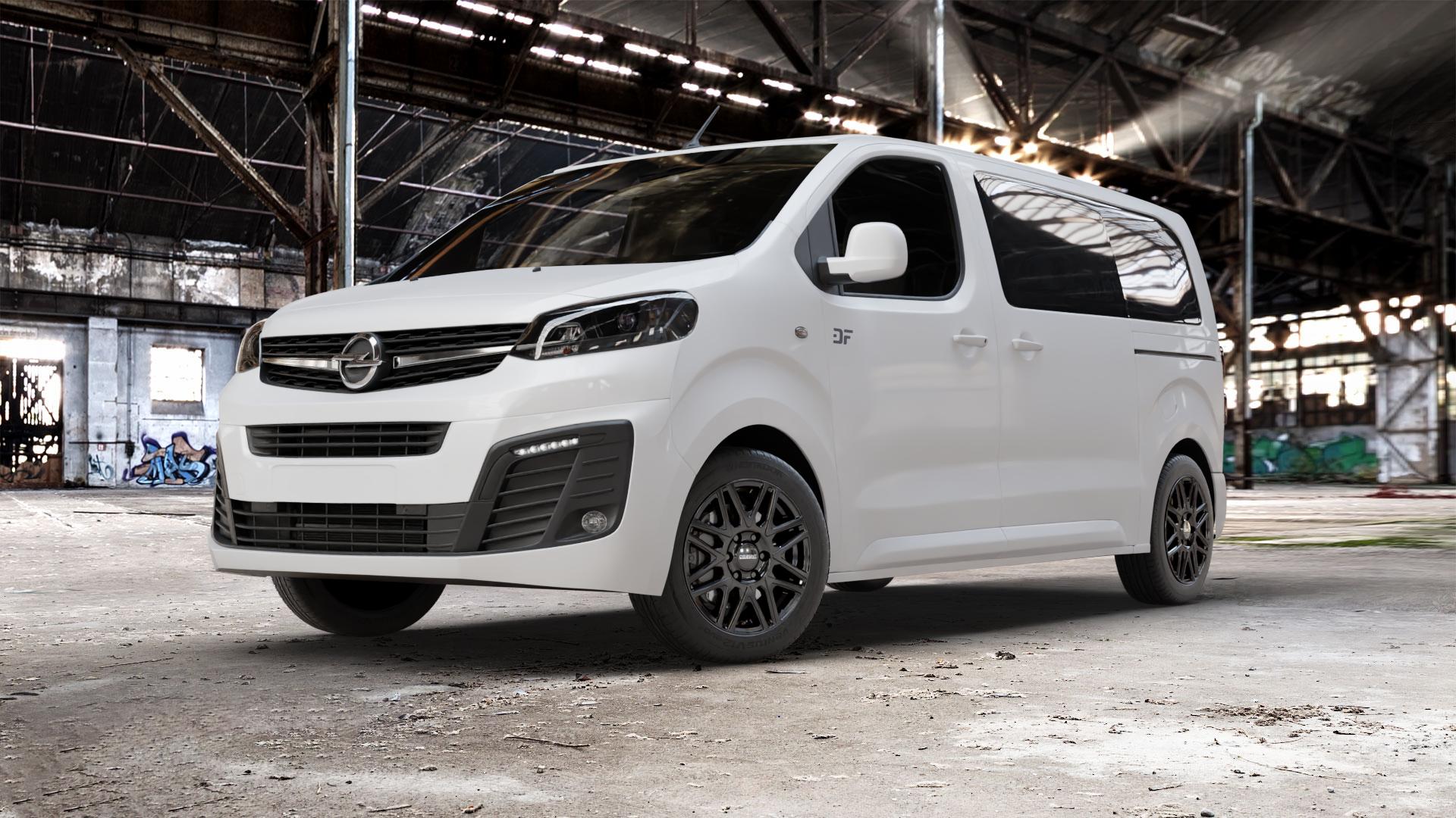 DEZENT KH BLACK Felge mit Reifen schwarz in 17Zoll Winterfelge Alufelge auf weissem Opel Zafira Life Typ V ⬇️ mit 15mm Tieferlegung ⬇️ Old Industrial Hall_max_5300mm_2024 Frontansicht_1