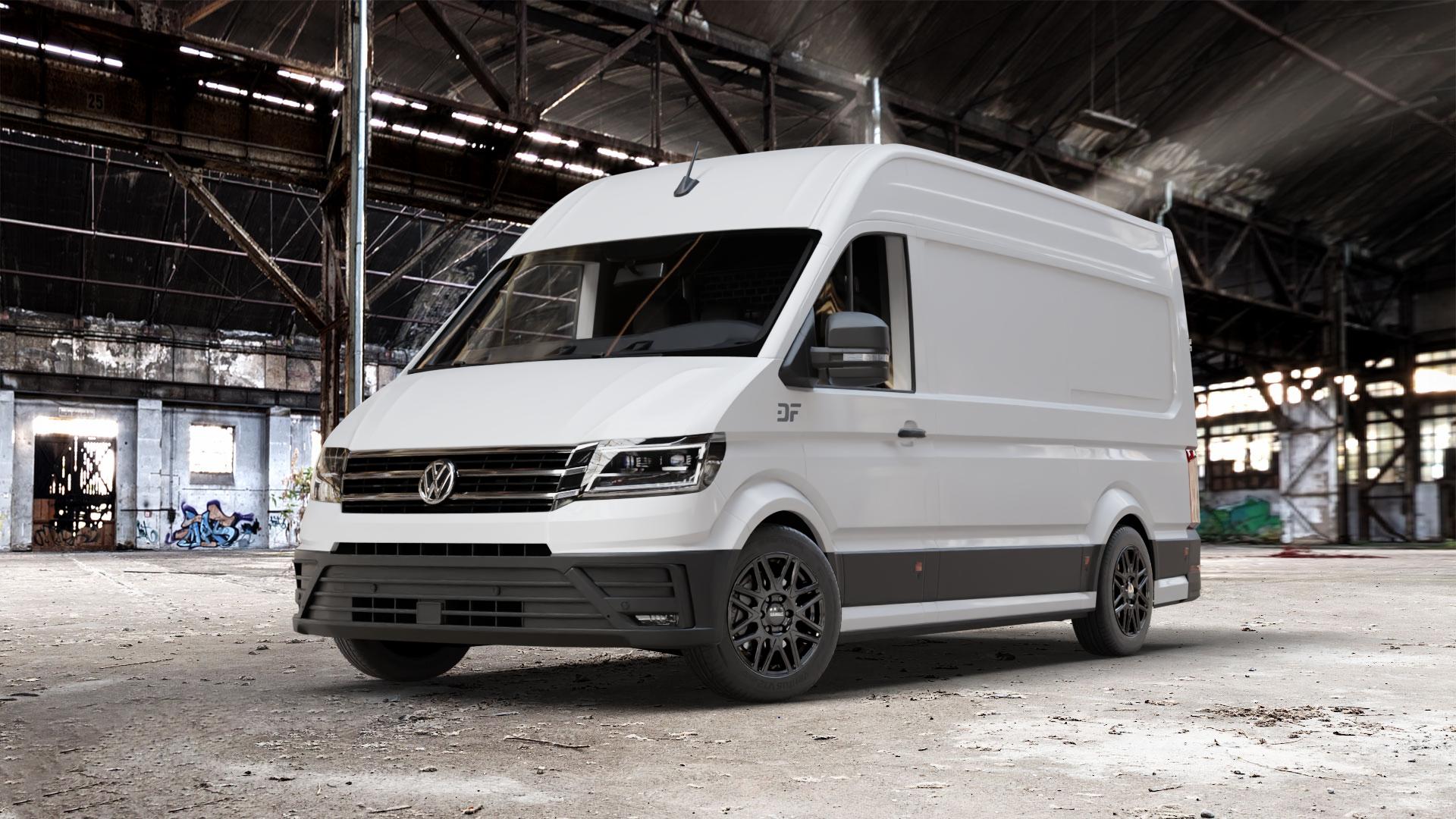 DEZENT KH BLACK Felge mit Reifen schwarz in 17Zoll Winterfelge Alufelge auf weissem Volkswagen (VW) Crafter Typ SYN1E SZN1E SYN2E SZN2E ⬇️ mit 15mm Tieferlegung ⬇️ Old Industrial Hall_max_7000mm_2024 Frontansicht_1