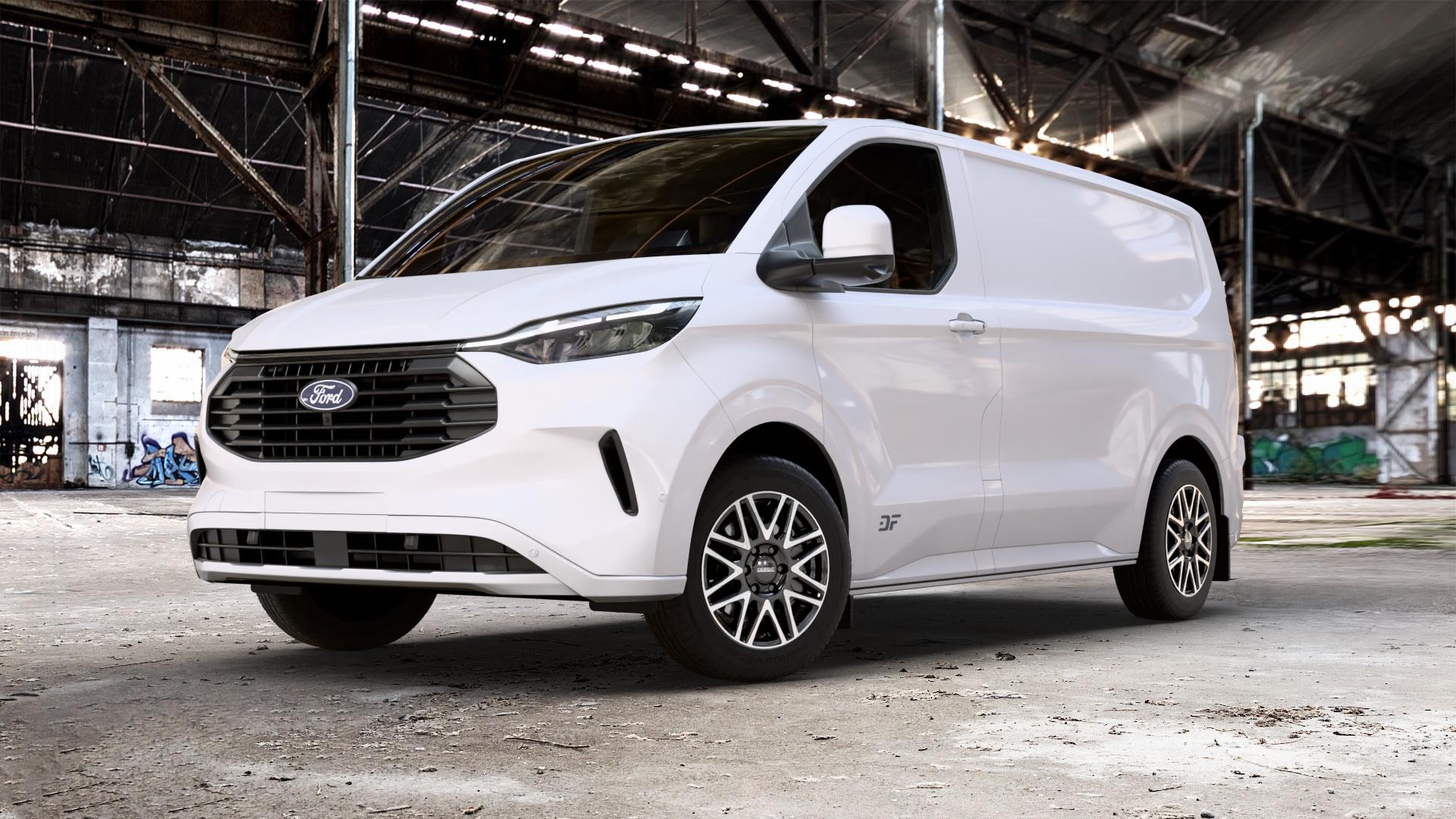 DEZENT KH BLACK/POLISHED Felge mit Reifen schwarz in 17Zoll Winterfelge Alufelge auf weissem Ford Transit Custom Typ NRN ⬇️ mit 15mm Tieferlegung ⬇️ Old Industrial Hall_max_5300mm_2024 Frontansicht_1