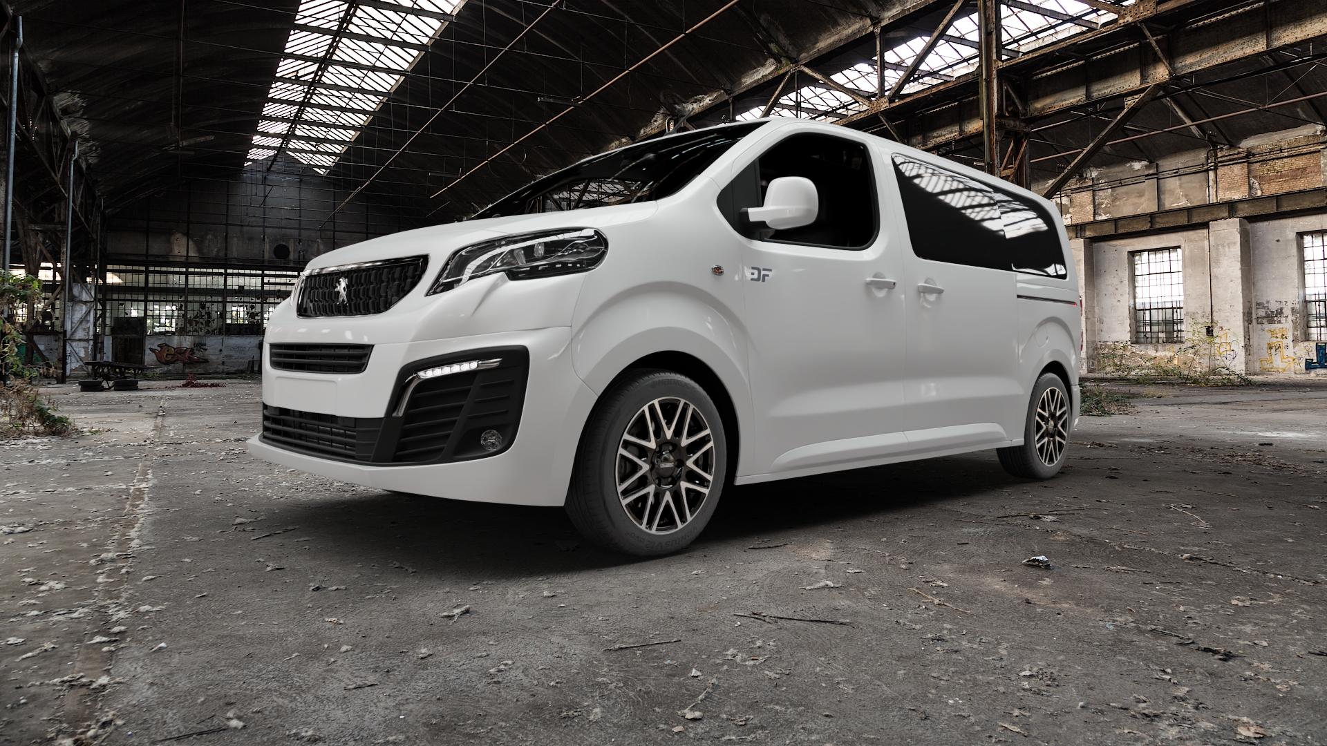 DEZENT KH BLACK/POLISHED Felge mit Reifen schwarz in 17Zoll Winterfelge Alufelge auf weissem Peugeot Expert III Typ V ⬇️ mit 15mm Tieferlegung ⬇️ Old Industrial Hall_max5000mm_2022 Frontansicht_1