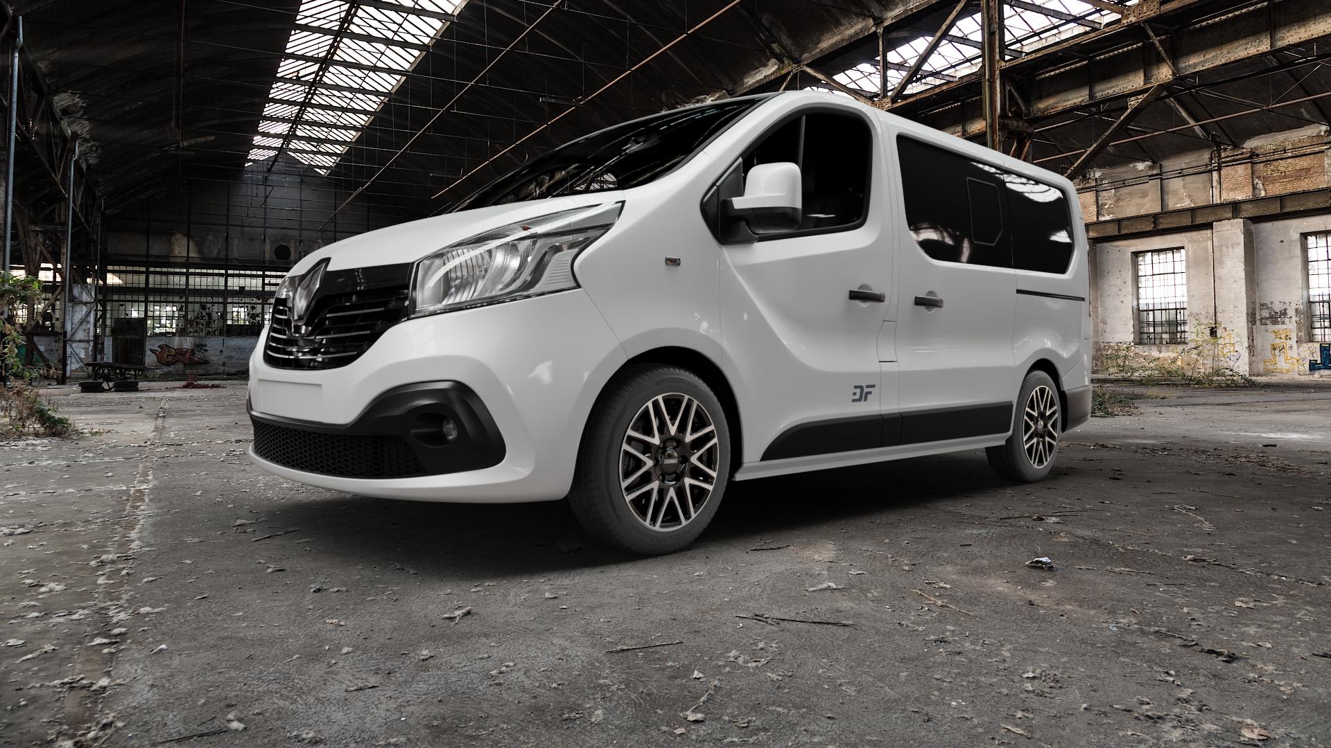 DEZENT KH BLACK/POLISHED Felge mit Reifen schwarz in 17Zoll Winterfelge Alufelge auf weissem Renault Trafic III Bus Typ JL ⬇️ mit 15mm Tieferlegung ⬇️ Old Industrial Hall_max5000mm_2022 Frontansicht_1