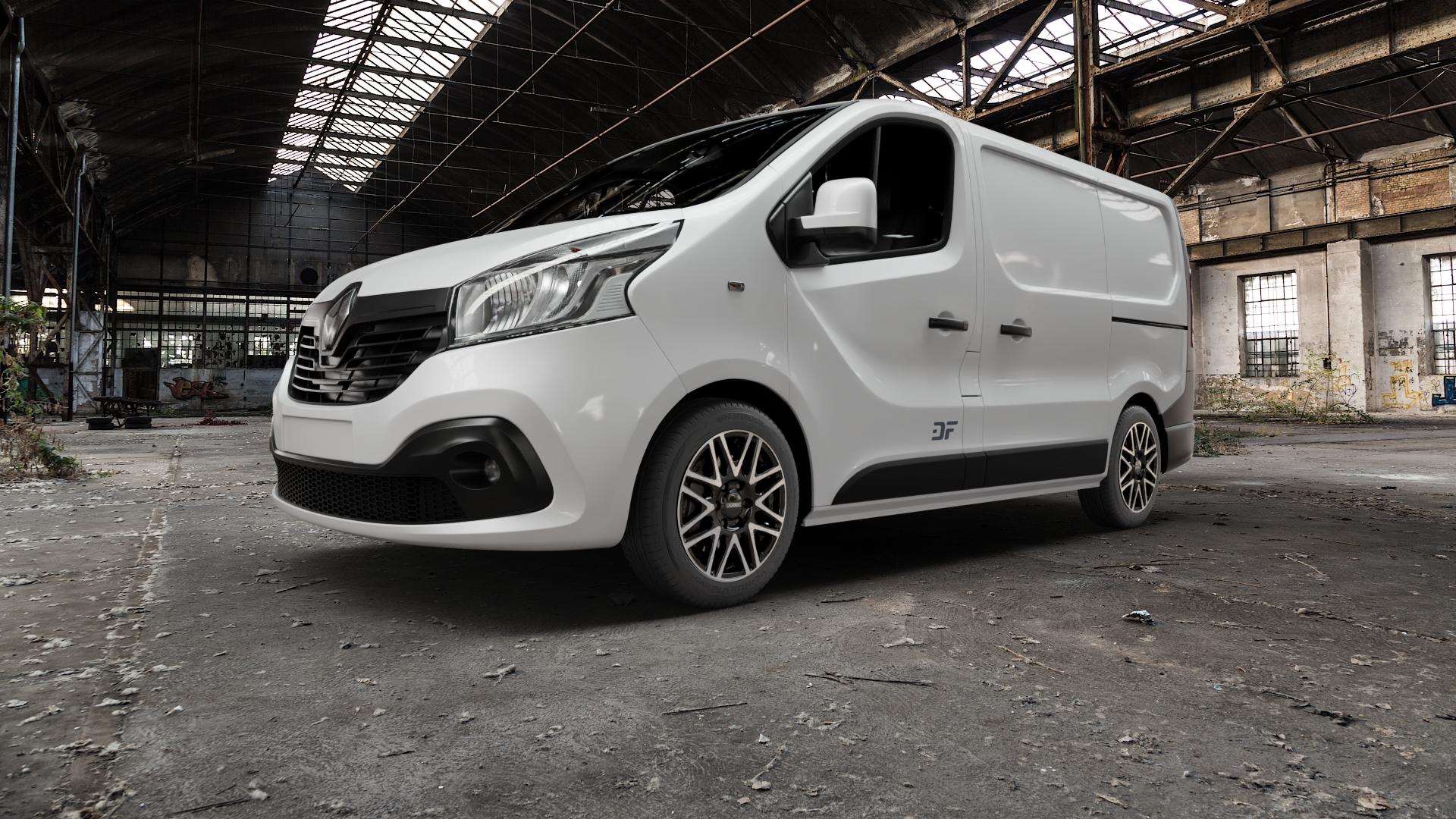 DEZENT KH BLACK/POLISHED Felge mit Reifen schwarz in 17Zoll Winterfelge Alufelge auf weissem Renault Trafic III Kasten Typ L ⬇️ mit 15mm Tieferlegung ⬇️ Old Industrial Hall_max5000mm_2022 Frontansicht_1