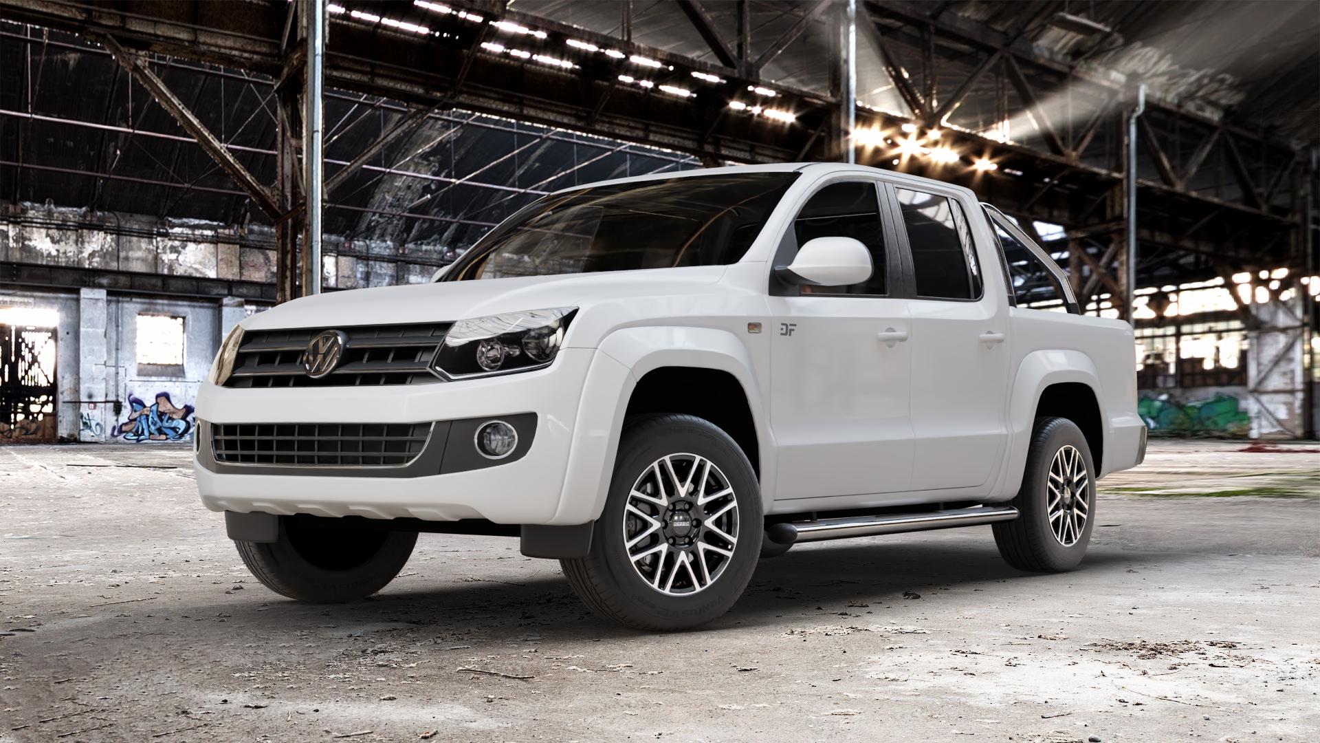 DEZENT KH BLACK/POLISHED Felge mit Reifen schwarz in 17Zoll Winterfelge Alufelge auf weissem Volkswagen (VW) Amarok I Typ 2H 2HS2 ⬇️ mit 15mm Tieferlegung ⬇️ Old Industrial Hall_max_5300mm_2024 Frontansicht_1