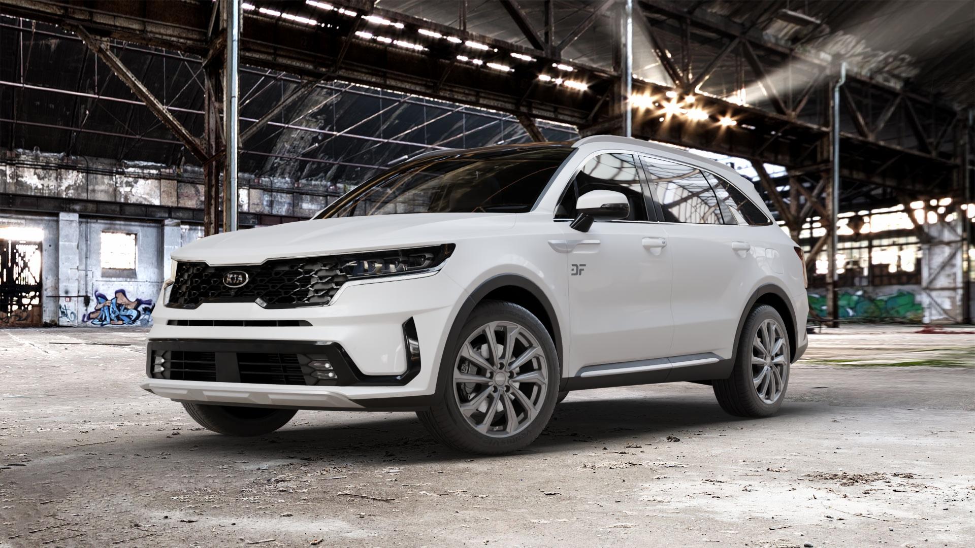 DEZENT KS GRAPHITE MATT Felge mit Reifen grau in 19Zoll Winterfelge Alufelge auf weissem Kia Sorento IV Typ MQ4 ⬇️ mit 15mm Tieferlegung ⬇️ Old Industrial Hall_max_5300mm_2024 Frontansicht_1
