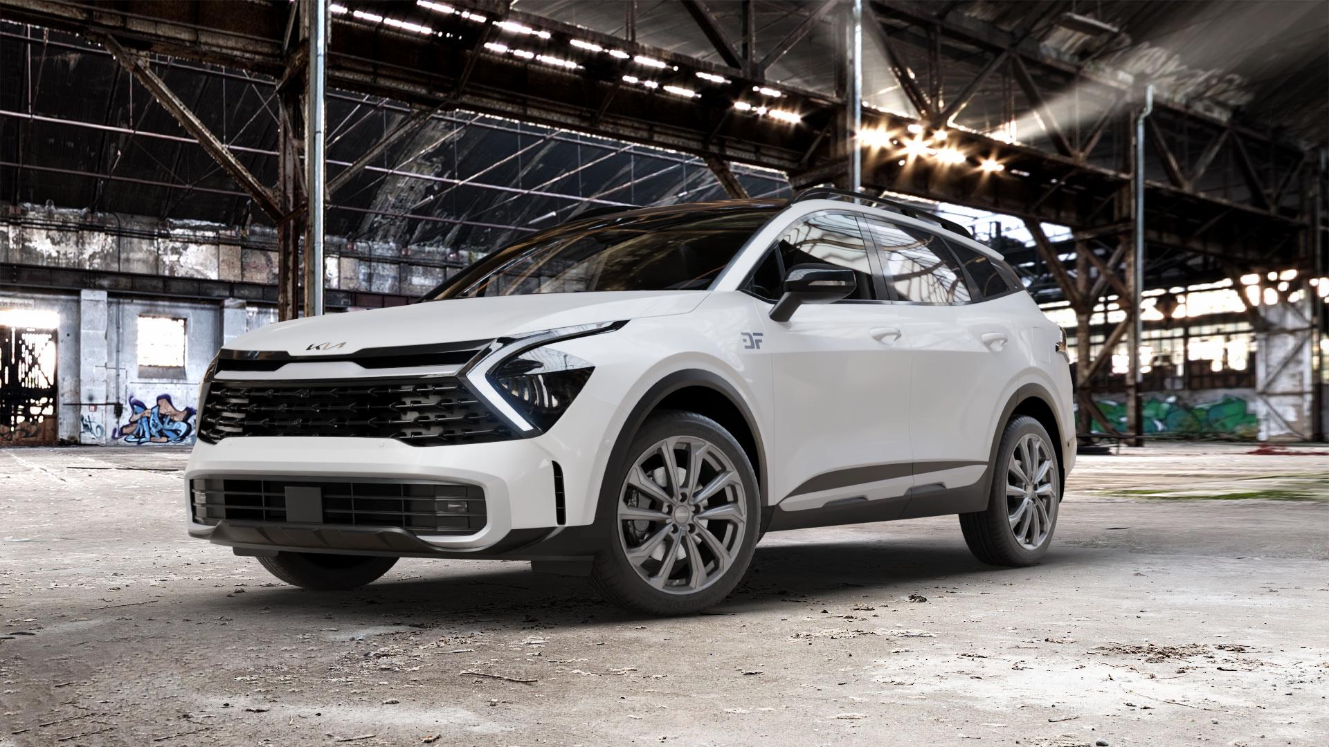 DEZENT KS GRAPHITE MATT Felge mit Reifen grau in 19Zoll Winterfelge Alufelge auf weissem Kia Sportage V Typ NQ5e ⬇️ mit 15mm Tieferlegung ⬇️ Old Industrial Hall_max_5300mm_2024 Frontansicht_1