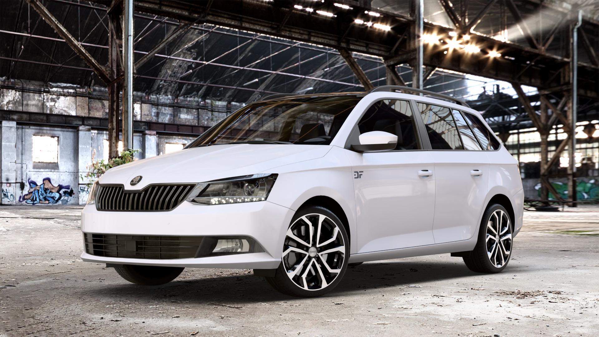 DEZENT TA BLACK/POLISHED Felge mit Reifen silber schwarz mehrfarbig in 17Zoll Winterfelge Alufelge auf weissem Skoda Fabia III Kombi Typ 5J Facelift ⬇️ mit 15mm Tieferlegung ⬇️ Old Industrial Hall_max_4400mm_2024 Frontansicht_1