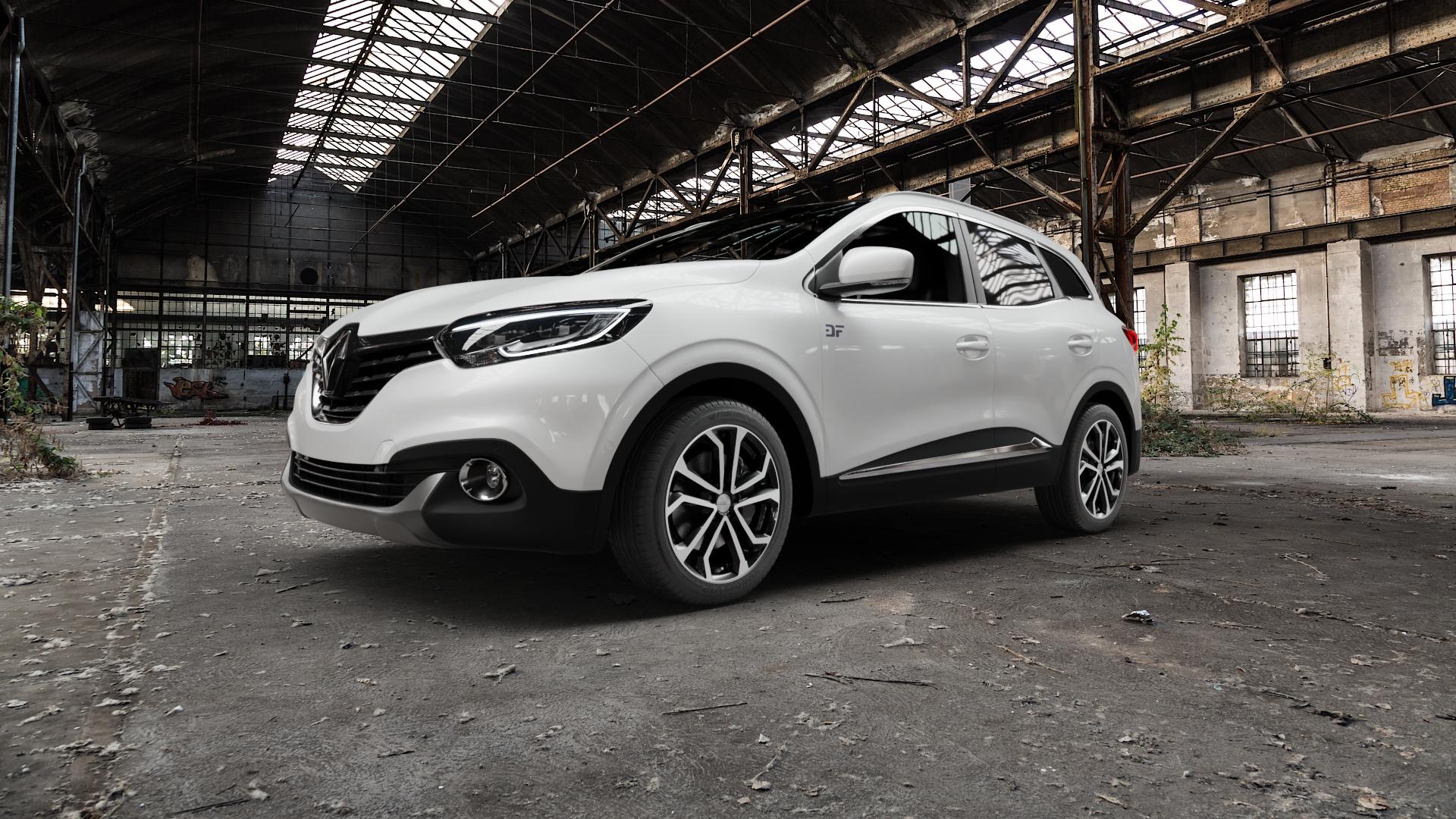 DEZENT TA BLACK/POLISHED Felge mit Reifen silber schwarz mehrfarbig in 18Zoll Winterfelge Alufelge auf weissem Renault Kadjar Typ RFE ⬇️ mit 15mm Tieferlegung ⬇️ Old Industrial Hall_max5000mm_2022 Frontansicht_1