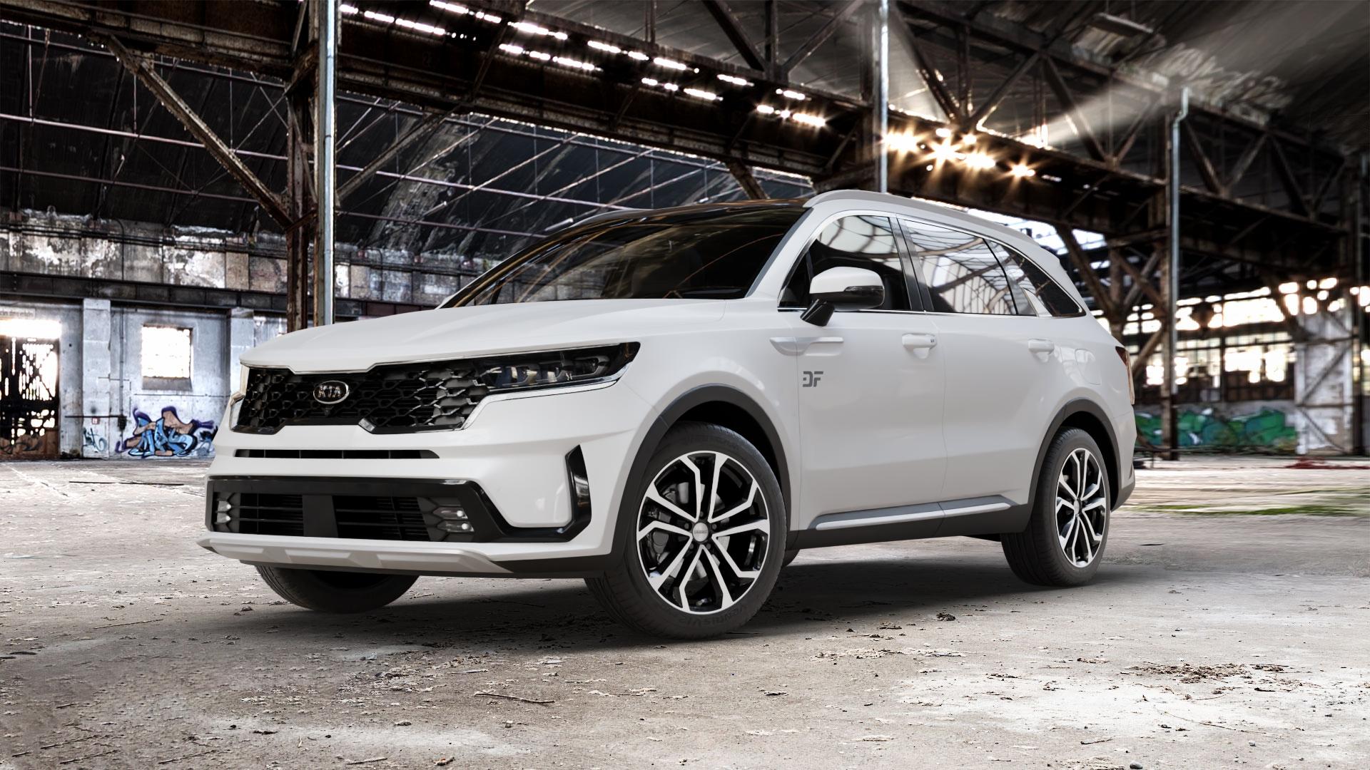 DEZENT TA BLACK/POLISHED Felge mit Reifen silber schwarz mehrfarbig in 19Zoll Winterfelge Alufelge auf weissem Kia Sorento IV Typ MQ4 ⬇️ mit 15mm Tieferlegung ⬇️ Old Industrial Hall_max_5300mm_2024 Frontansicht_1