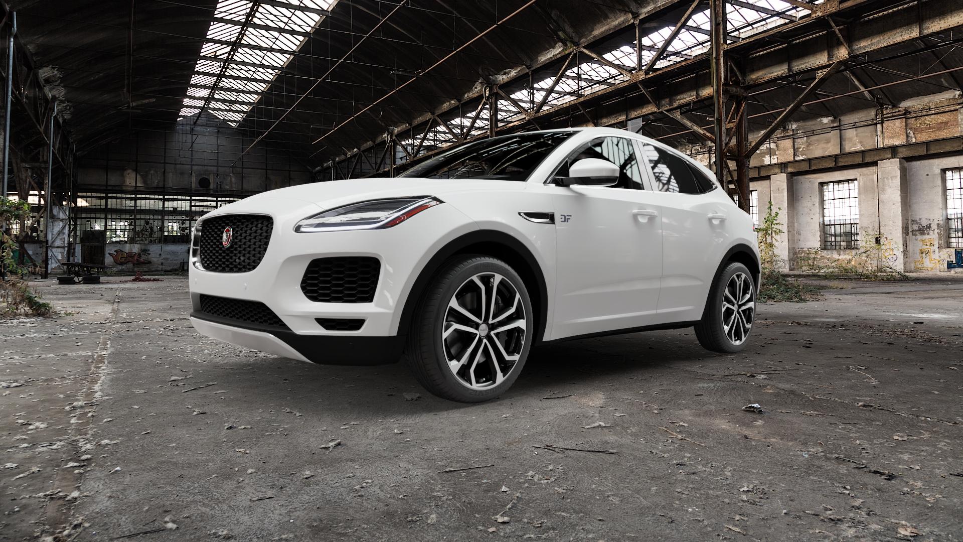 DEZENT TA BLACK/POLISHED Felge mit Reifen silber schwarz mehrfarbig in 20Zoll Winterfelge Alufelge auf weissem Jaguar E-Pace Typ DF ⬇️ mit 15mm Tieferlegung ⬇️ Old Industrial Hall_max5000mm_2022 Frontansicht_1