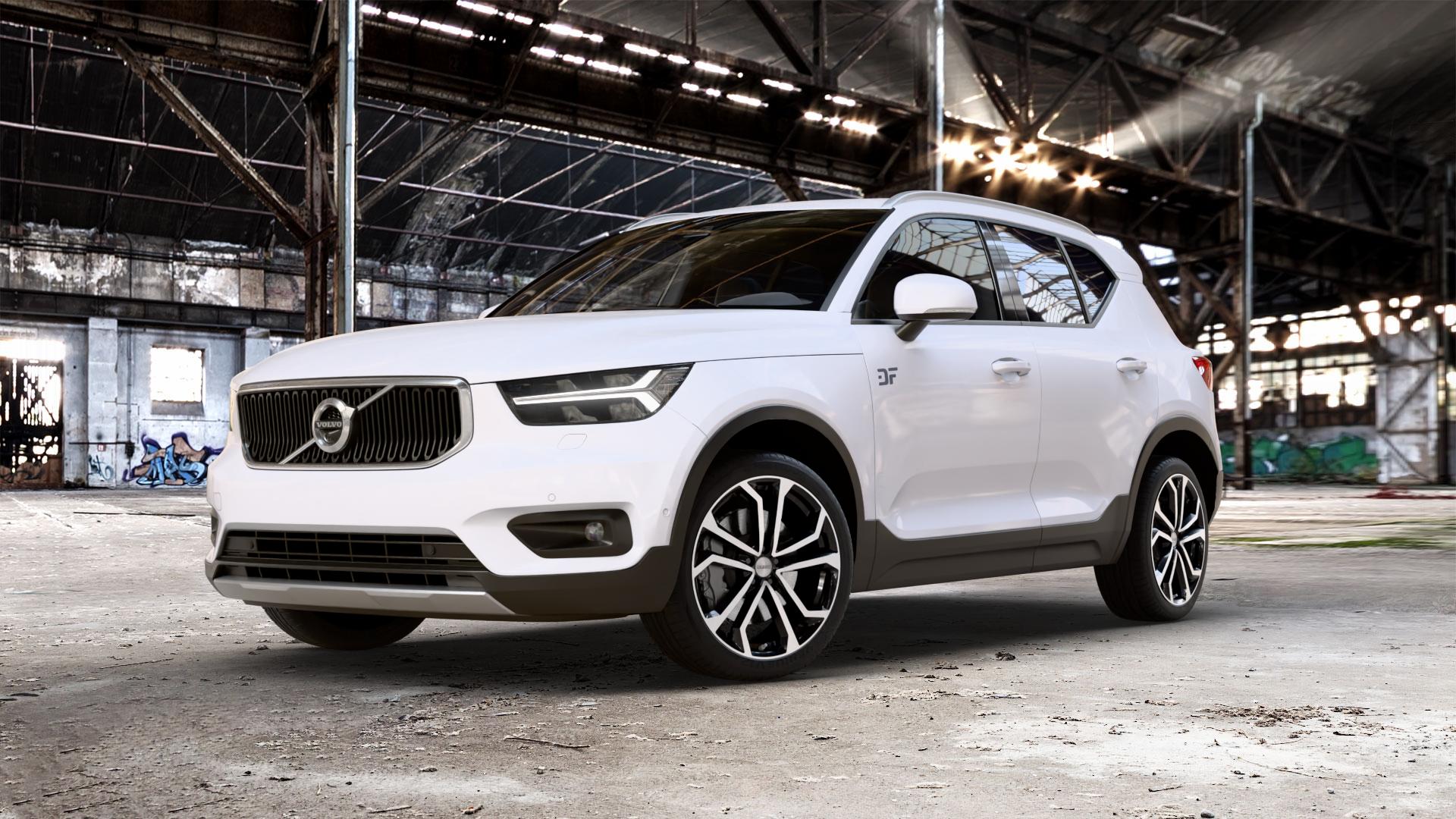 DEZENT TA BLACK/POLISHED Felge mit Reifen silber schwarz mehrfarbig in 20Zoll Winterfelge Alufelge auf weissem Volvo XC40 Typ X ⬇️ mit 15mm Tieferlegung ⬇️ Old Industrial Hall_max_5300mm_2024 Frontansicht_1