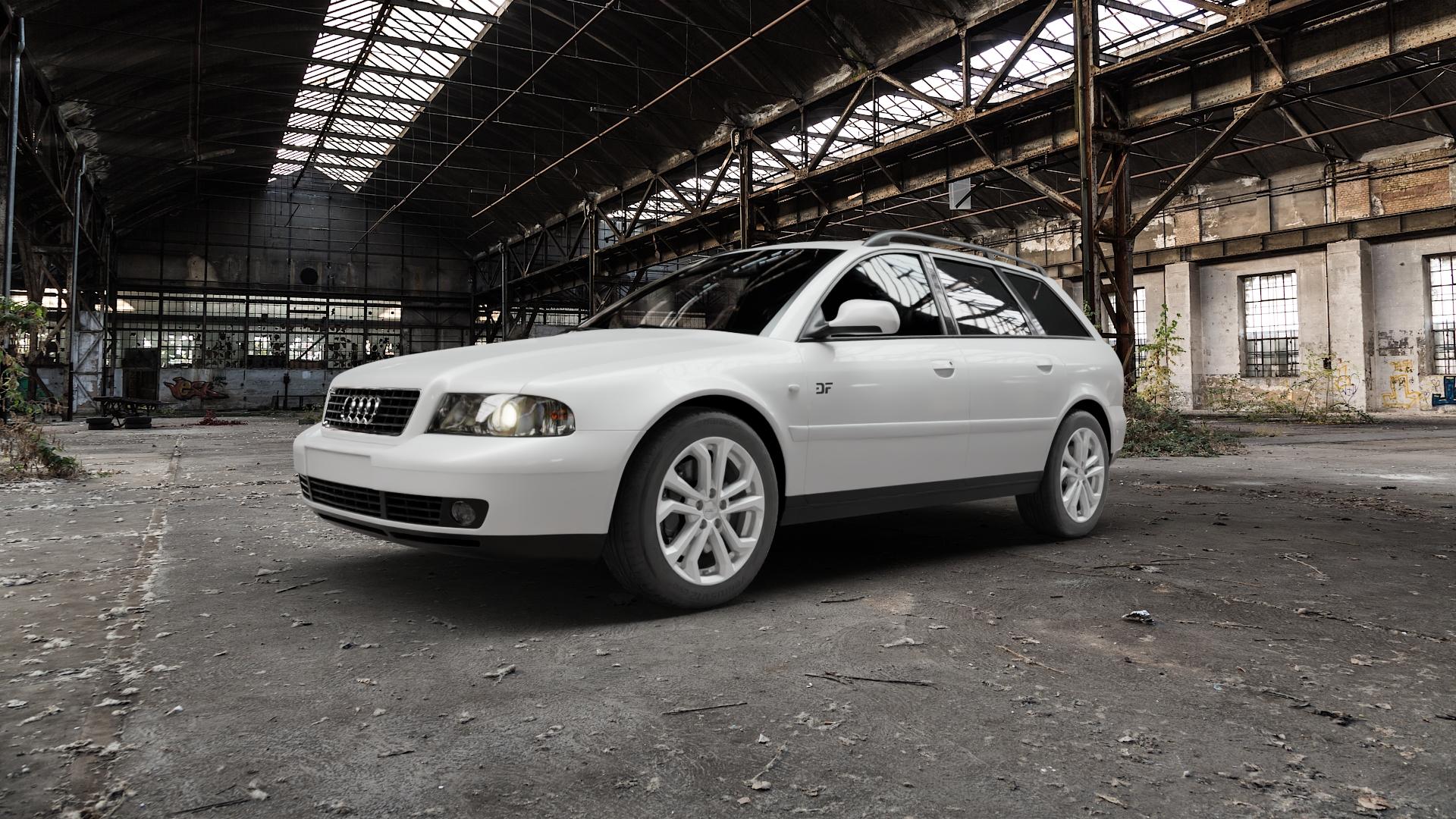 DEZENT TA SILVER Felge mit Reifen silber in 17Zoll Winterfelge Alufelge auf weissem Audi A4 Typ 8D5/B5 (Avant) ⬇️ mit 15mm Tieferlegung ⬇️ Old Industrial Hall_max5000mm_2022 Frontansicht_1