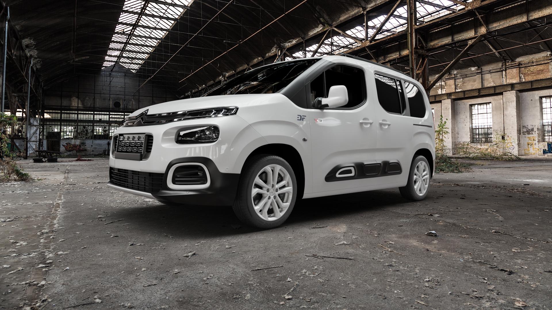 DEZENT TA SILVER Felge mit Reifen silber in 17Zoll Winterfelge Alufelge auf weissem Citroen Berlingo III Typ E ⬇️ mit 15mm Tieferlegung ⬇️ Old Industrial Hall_max5000mm_2022 Frontansicht_1