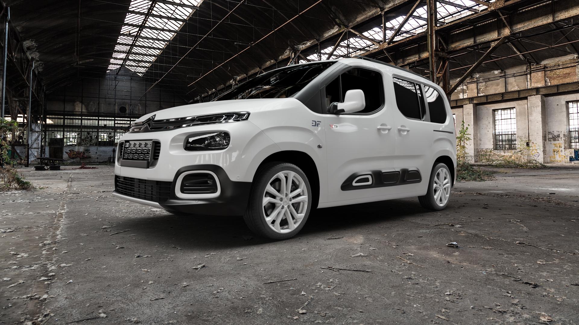 DEZENT TA SILVER Felge mit Reifen silber in 18Zoll Winterfelge Alufelge auf weissem Citroen Berlingo III Typ E ⬇️ mit 15mm Tieferlegung ⬇️ Old Industrial Hall_max5000mm_2022 Frontansicht_1