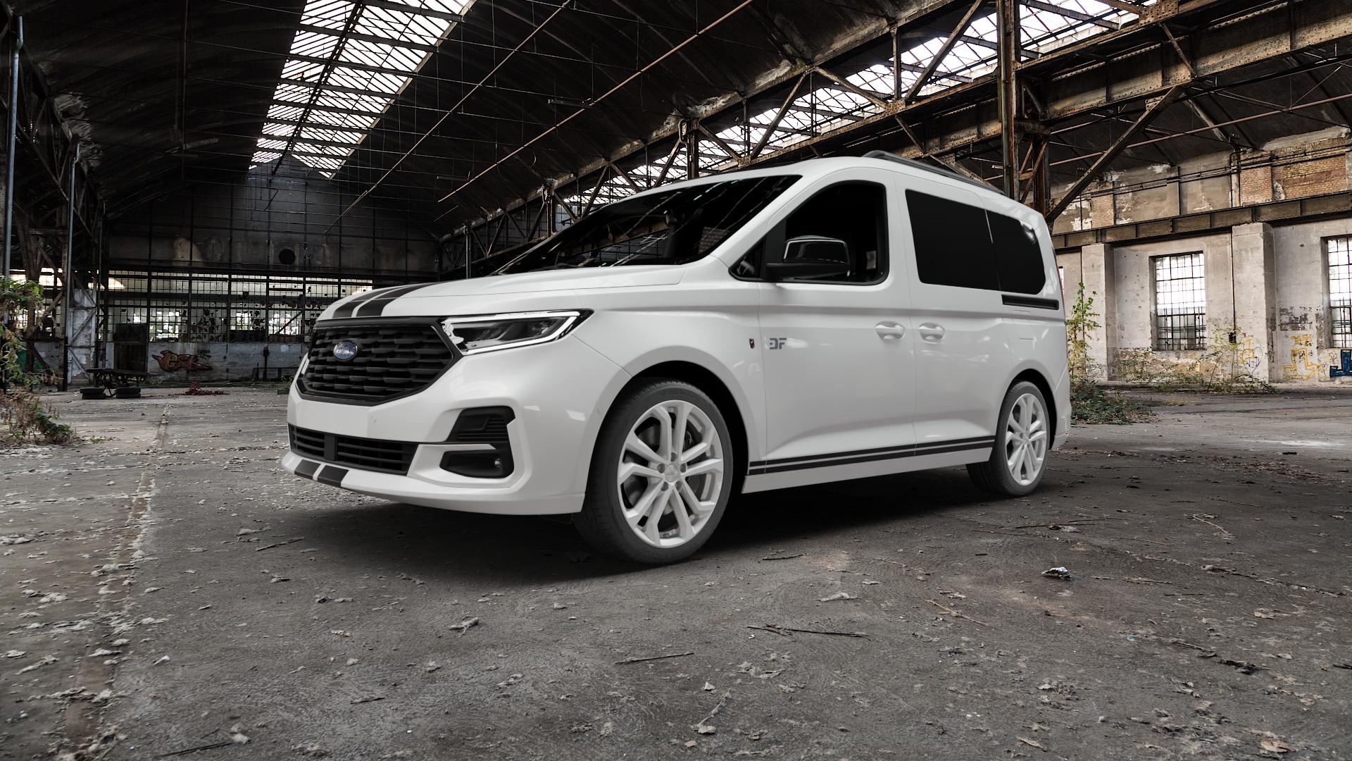 DEZENT TA SILVER Felge mit Reifen silber in 18Zoll Winterfelge Alufelge auf weissem Ford Tourneo Connect Typ SK SKN ⬇️ mit 15mm Tieferlegung ⬇️ Old Industrial Hall_max5000mm_2022 Frontansicht_1