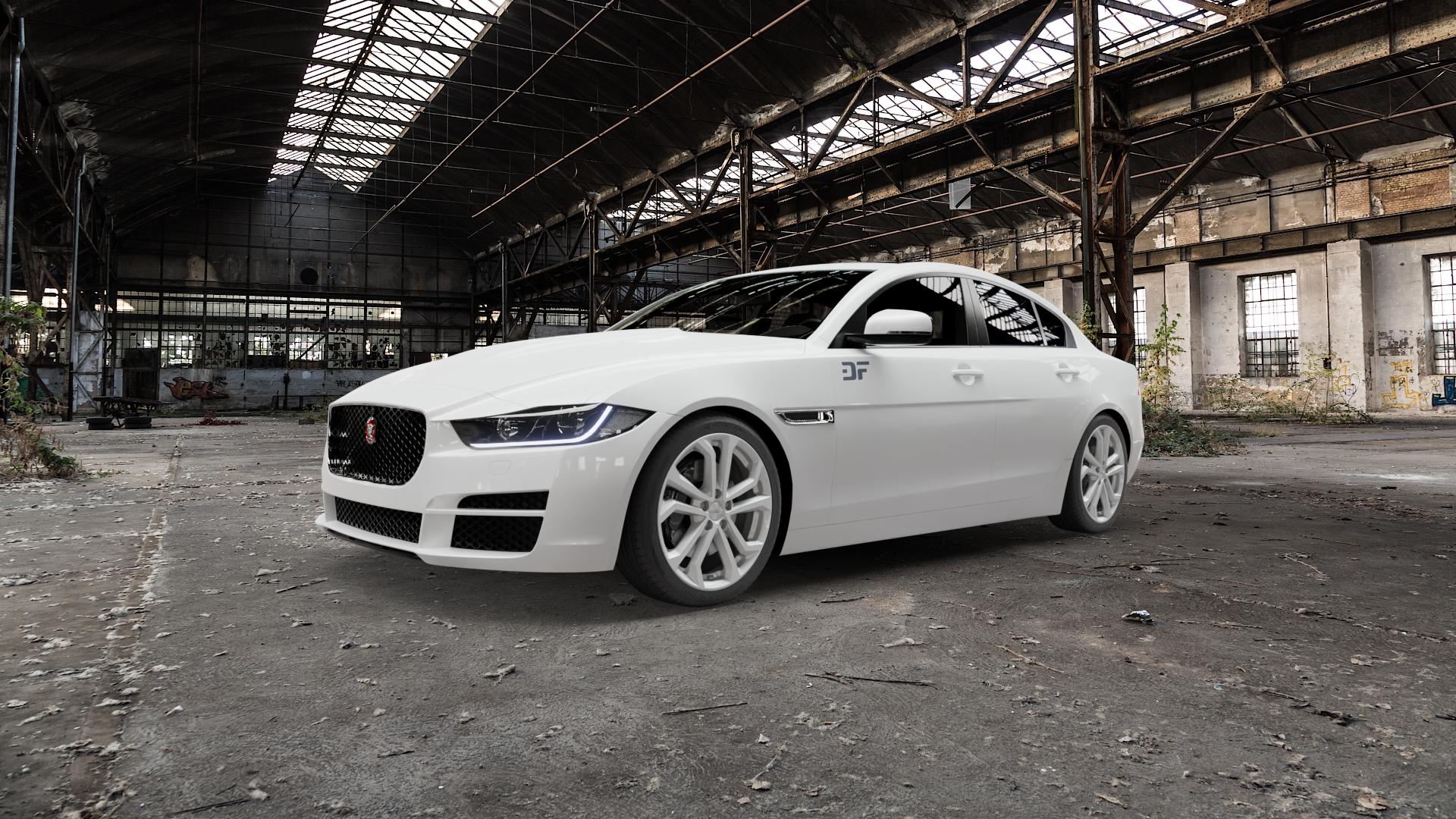 DEZENT TA SILVER Felge mit Reifen silber in 18Zoll Winterfelge Alufelge auf weissem Jaguar XE Typ JA ⬇️ mit 15mm Tieferlegung ⬇️ Old Industrial Hall_max5000mm_2022 Frontansicht_1