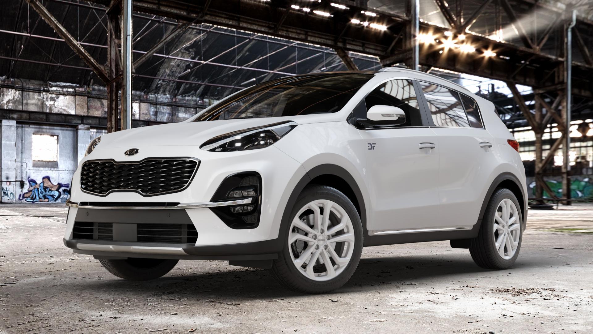 DEZENT TA SILVER Felge mit Reifen silber in 18Zoll Winterfelge Alufelge auf weissem Kia Sportage IV Typ QLE Facelift QL ⬇️ mit 15mm Tieferlegung ⬇️ Old Industrial Hall_max_4400mm_2024 Frontansicht_1