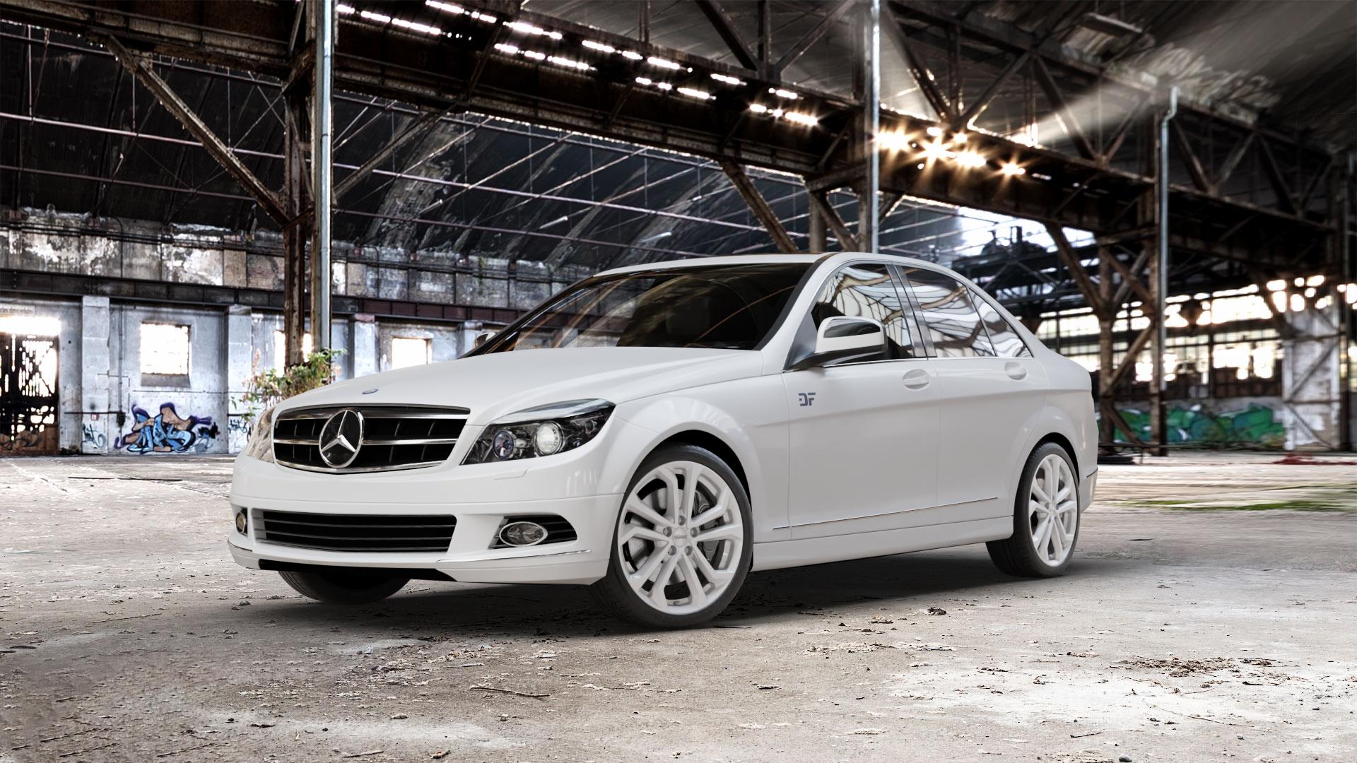 DEZENT TA SILVER Felge mit Reifen silber in 18Zoll Winterfelge Alufelge auf weissem Mercedes C-Klasse Typ W204 Limousine ⬇️ mit 15mm Tieferlegung ⬇️ Old Industrial Hall_max_5300mm_2024 Frontansicht_1