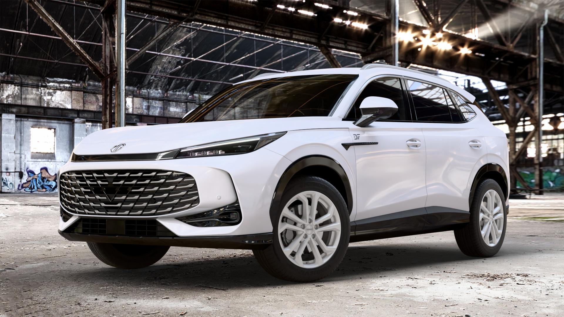 DEZENT TA SILVER Felge mit Reifen silber in 18Zoll Winterfelge Alufelge auf weissem MG HS Typ AS3A 1,5l T 125kW (170 PS) PHEV 105kW (143 ⬇️ mit 15mm Tieferlegung ⬇️ Old Industrial Hall_max_4400mm_2024 Frontansicht_1