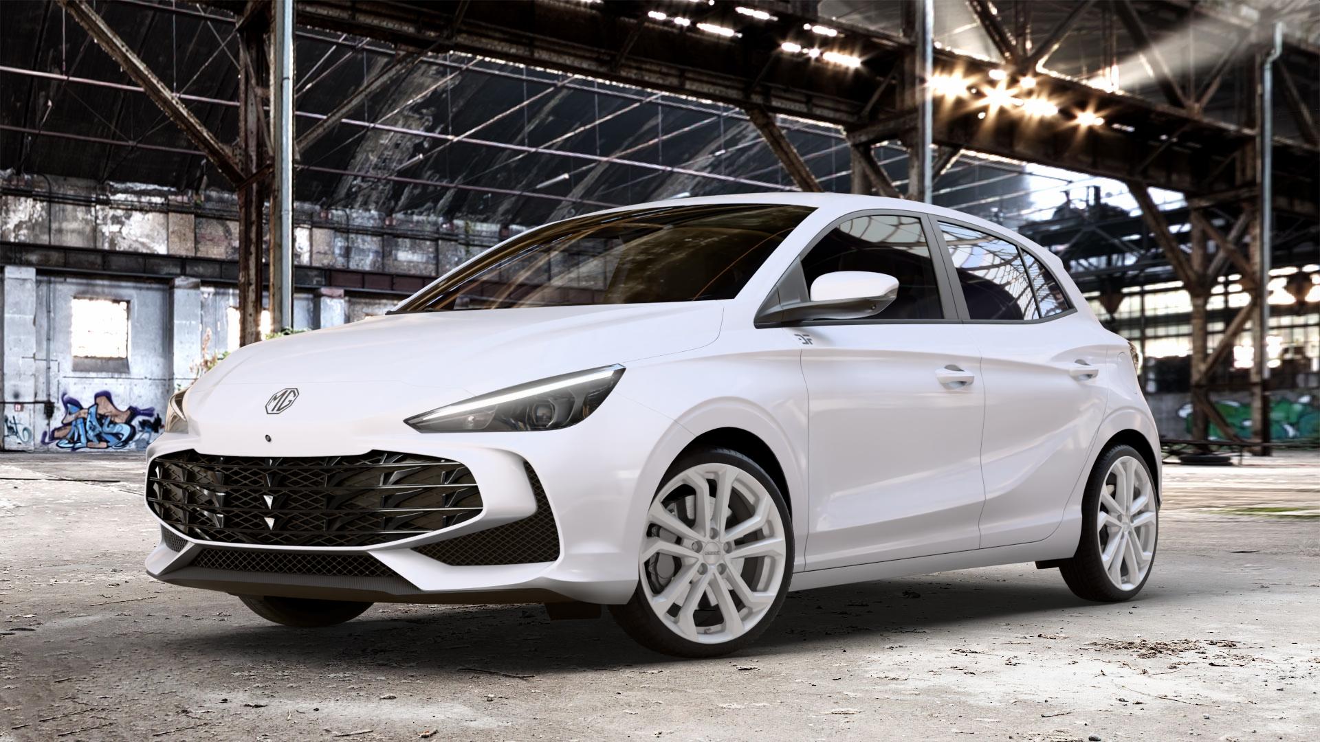 DEZENT TA SILVER Felge mit Reifen silber in 18Zoll Winterfelge Alufelge auf weissem MG MG3 Typ ZP2A 1,5l 75kW Mild-Hybrid (102 PS) ⬇️ mit 15mm Tieferlegung ⬇️ Old Industrial Hall_max_4400mm_2024 Frontansicht_1