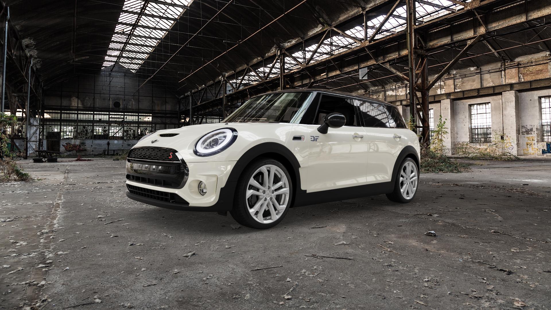 DEZENT TA SILVER Felge mit Reifen silber in 18Zoll Winterfelge Alufelge auf weissem Mini F54 Typ FMK (Clubman) Facelift ⬇️ mit 15mm Tieferlegung ⬇️ Old Industrial Hall_max5000mm_2022 Frontansicht_1