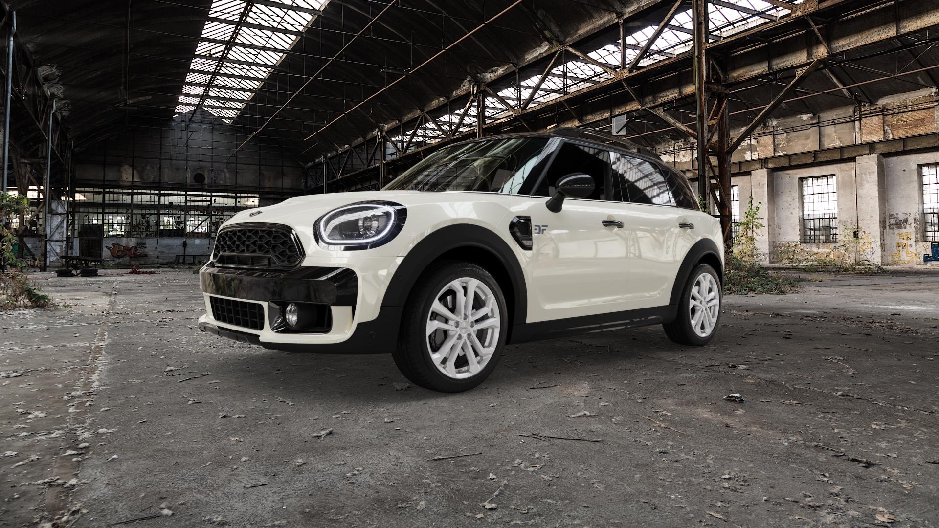 DEZENT TA SILVER Felge mit Reifen silber in 18Zoll Winterfelge Alufelge auf weissem Mini F60 Typ FMX (Countryman) ⬇️ mit 15mm Tieferlegung ⬇️ Old Industrial Hall_max5000mm_2022 Frontansicht_1