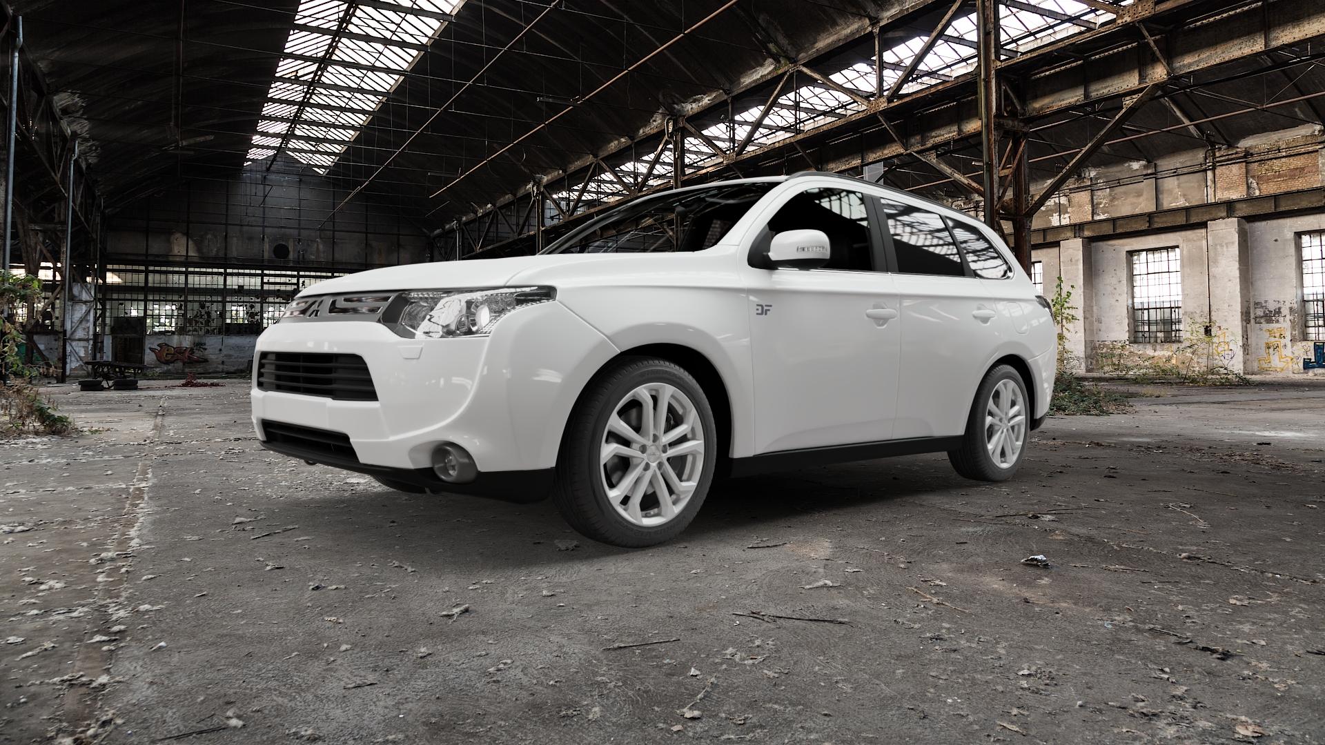 DEZENT TA SILVER Felge mit Reifen silber in 18Zoll Winterfelge Alufelge auf weissem Mitsubishi Outlander III Typ CWO Facelift 15-> 18-> ⬇️ mit 15mm Tieferlegung ⬇️ Old Industrial Hall_max5000mm_2022 Frontansicht_1