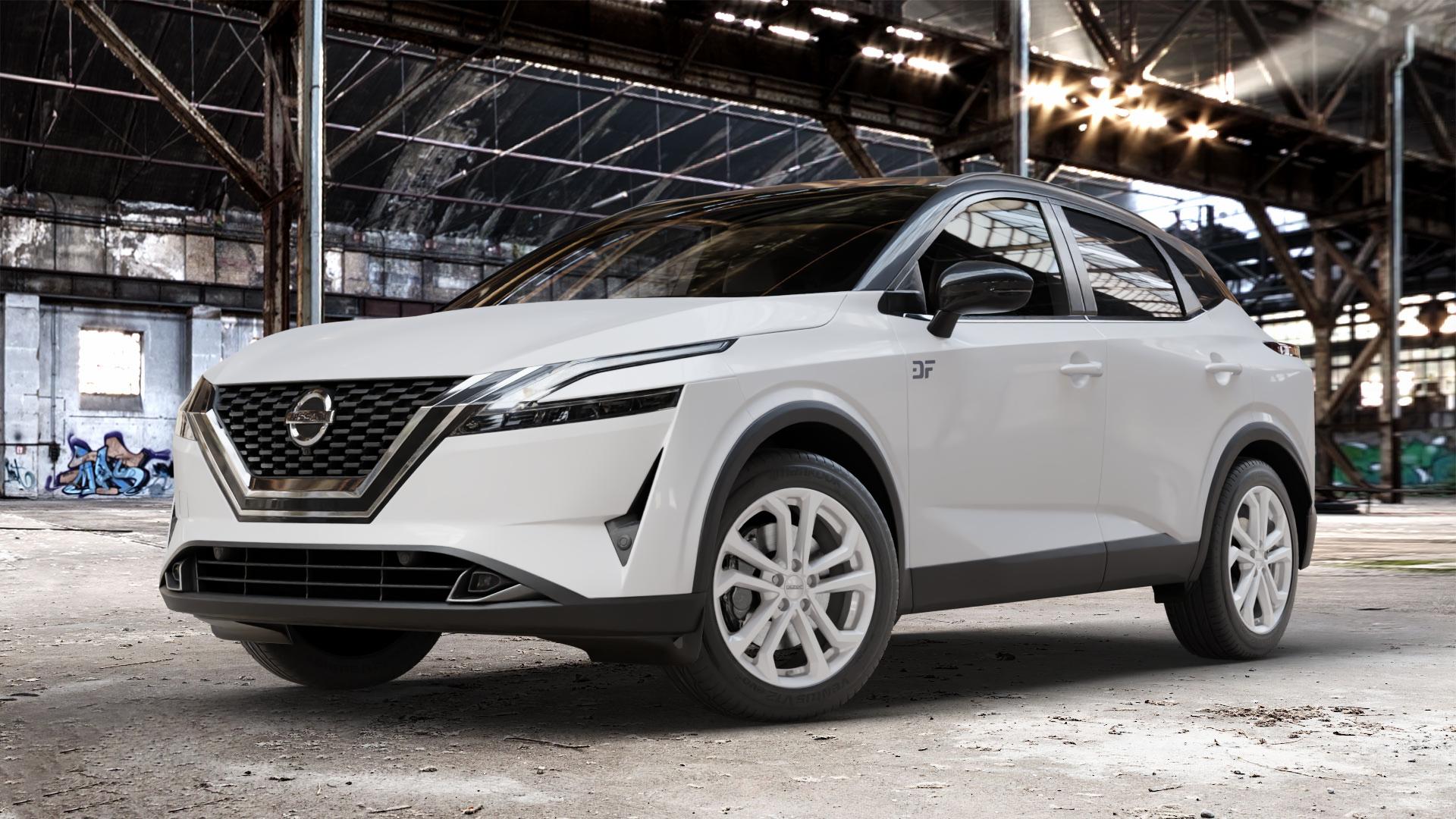DEZENT TA SILVER Felge mit Reifen silber in 18Zoll Winterfelge Alufelge auf weissem Nissan Qashqai Typ J12 ⬇️ mit 15mm Tieferlegung ⬇️ Old Industrial Hall_max_4400mm_2024 Frontansicht_1