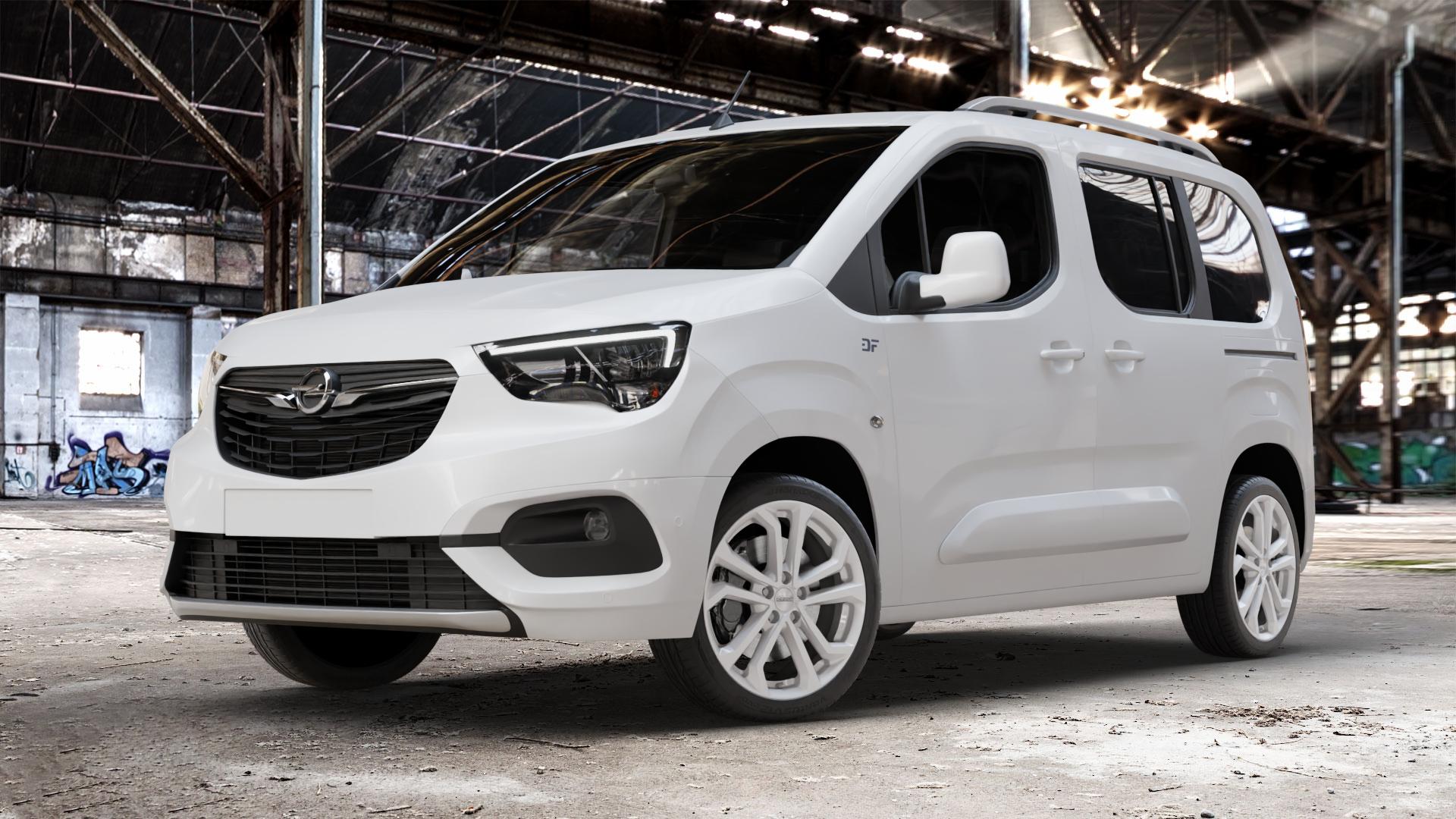 DEZENT TA SILVER Felge mit Reifen silber in 18Zoll Winterfelge Alufelge auf weissem Opel Combo E Life ⬇️ mit 15mm Tieferlegung ⬇️ Old Industrial Hall_max_4400mm_2024 Frontansicht_1