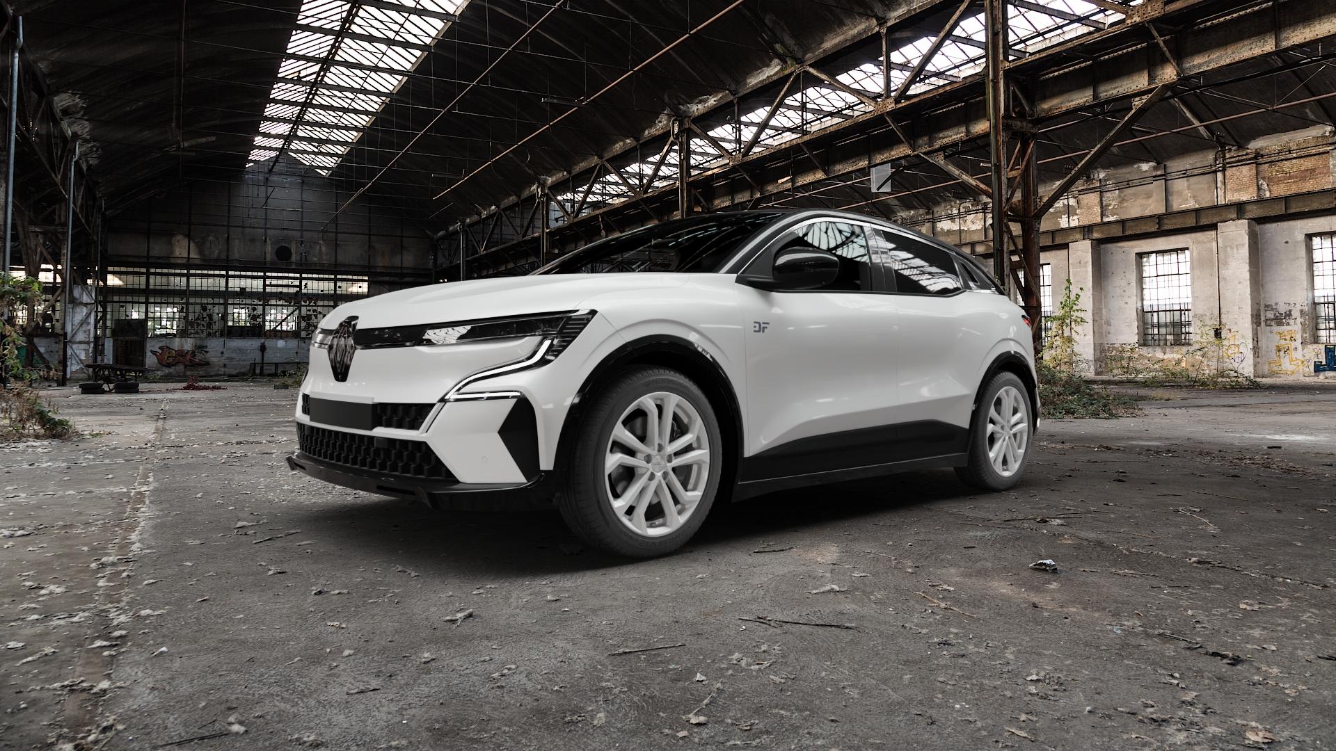 DEZENT TA SILVER Felge mit Reifen silber in 18Zoll Winterfelge Alufelge auf weissem Renault Megane V E-Tech Typ RCB ⬇️ mit 15mm Tieferlegung ⬇️ Old Industrial Hall_max5000mm_2022 Frontansicht_1